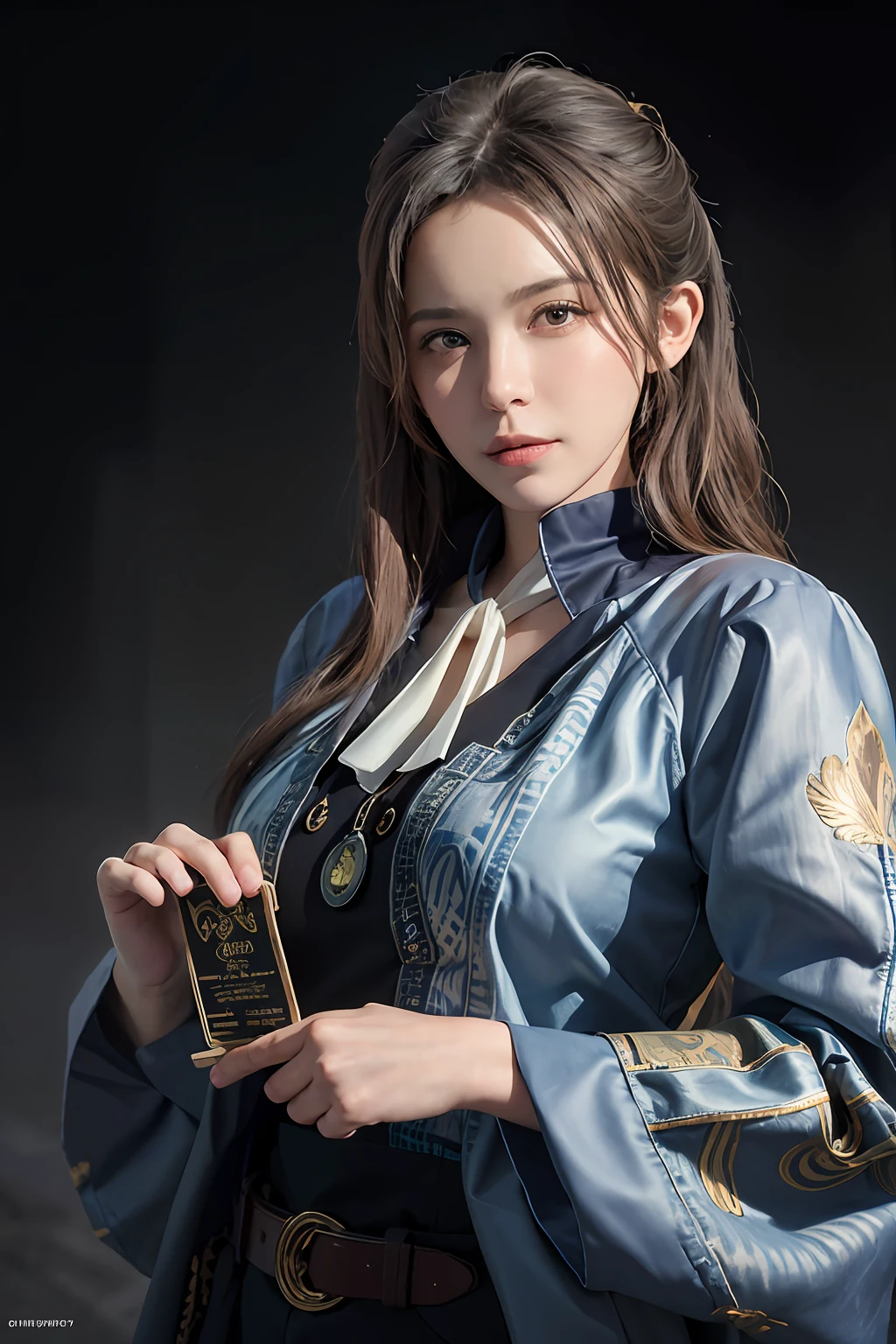 Hyperrealist portrait of female by david hockney and alphonse mucha,fantasy art, photo realistic, dynamic lighting, artstation, poster, volumetric lighting, very detailed faces, 4 k, award winning,, 1girl, in the dark, deep shadow, low key,cowboy shot,(official clothing:1.4) ,long hair,white hair,