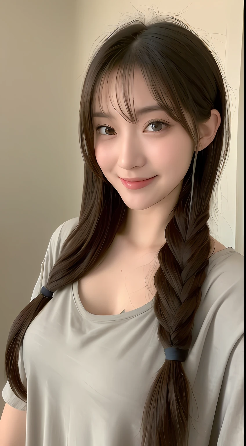 ((Best picture quality, 8K, tmasterpiece:1.3)), 1girll, full bodyesbian，Beautiful woman with slender abs:1.3, (Casual hairstyle, huge tit:1.2), shift dresses:1.1, Ultra-fine face, A detailed eye, 二重まぶた，ssmile，Home