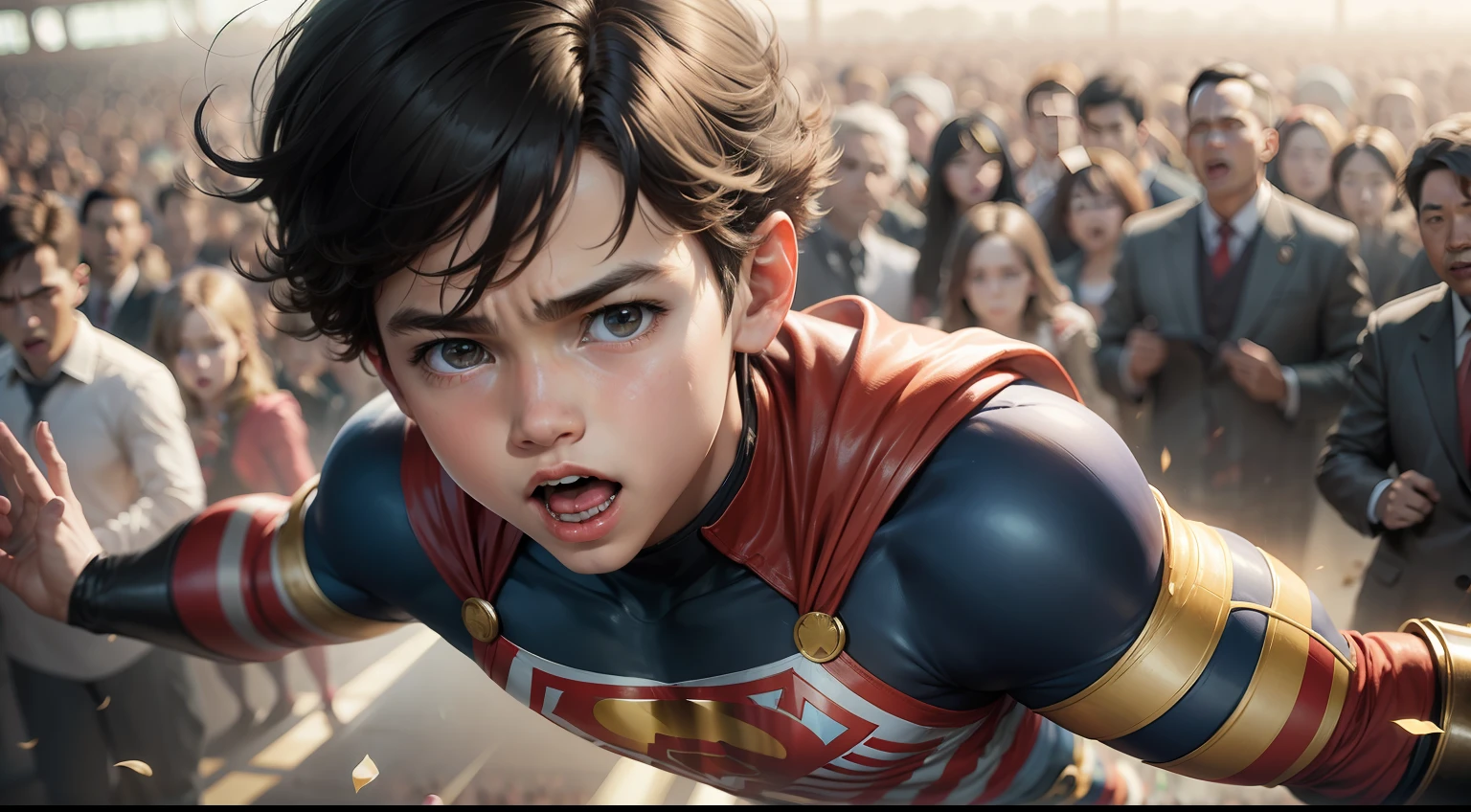 A boy with superpower flying, and crowd cheering below.