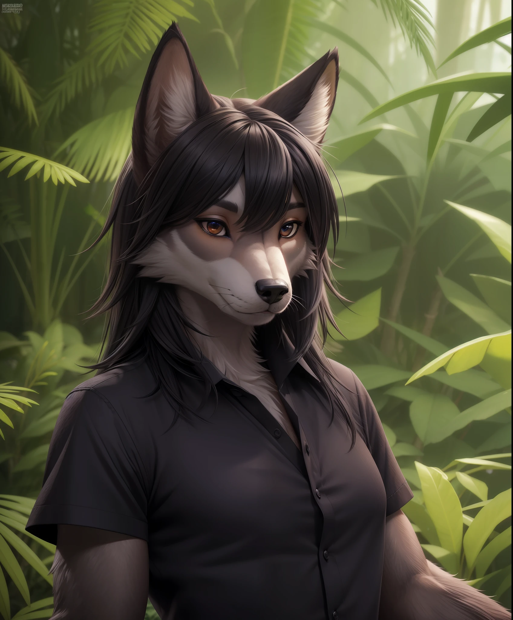 (realistic, professional photo:1.2), best quality, anthropomorphic wolf, (furry body:1.2), detailed dark fur, (detailed skin:1.2), , detailed eyes, beautiful black hair, dense jungle, shirt