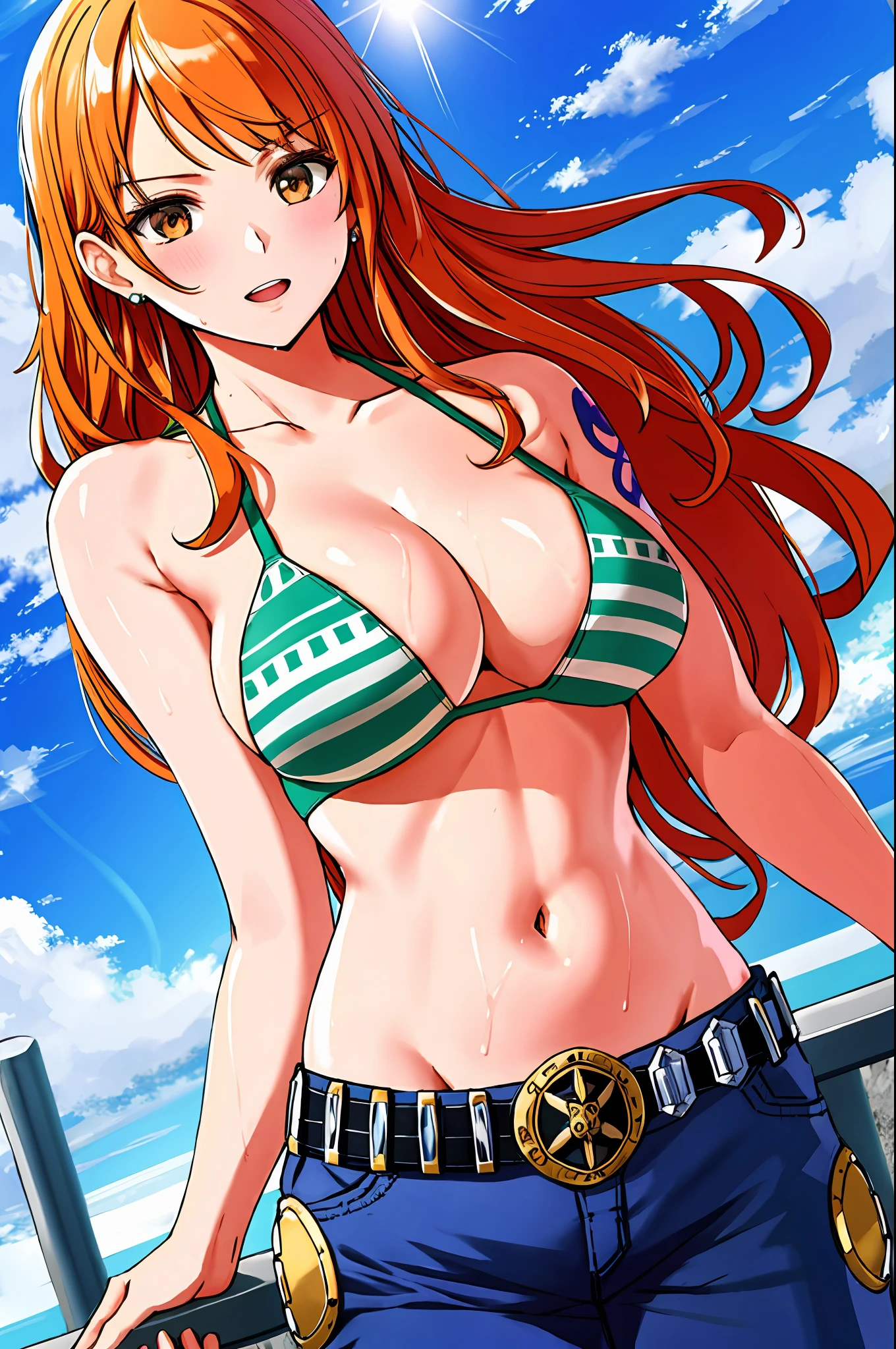 detailed background, masterpiece, 4k, best quality, late youth, adult, wrestler body, 1girl, active, energic, uppercut, (large mouth) , solo, nami \(one piece\), 1girl, bangle, (very wet, drenched in sweat, sweat all over body, very wet hair, tired, taking breath, open mouth, hand on stomach, sweaty face, sweaty body, huffing, sweating too much, shiny sweat), perfect detailed face, bold drawing lines, muscular arms, detailed bold arm lines, flat jaw, adult woman, wavy wide streaked bangs, floating bang streaks, (big cheeks), bare shoulders, off-shoulders, belt, bikini, bikini top only, blue sky, bracelet, springy breasts, breast lines, big round eyes, plain big brown shiny eyes, bubbles, high eye position, cleavage, cloud, day, denim, earrings, floating hair, shiny hair, green belt, green bikini, bold groin lines, jeans, jewelry, large breasts, log pose, long hair, looking at viewer, navel, wet hair, orange hair, pants, shoulder tattoo, sidelocks, sky, solo, standing, stomach, swimsuit, tattoo , looking at viewer, open mouth, detailed left arm, big forehead, hourglass figure, small head, toned body, wide hair, wind effect, sun effect, under the sun, narrow small ears angle, older, random poses,