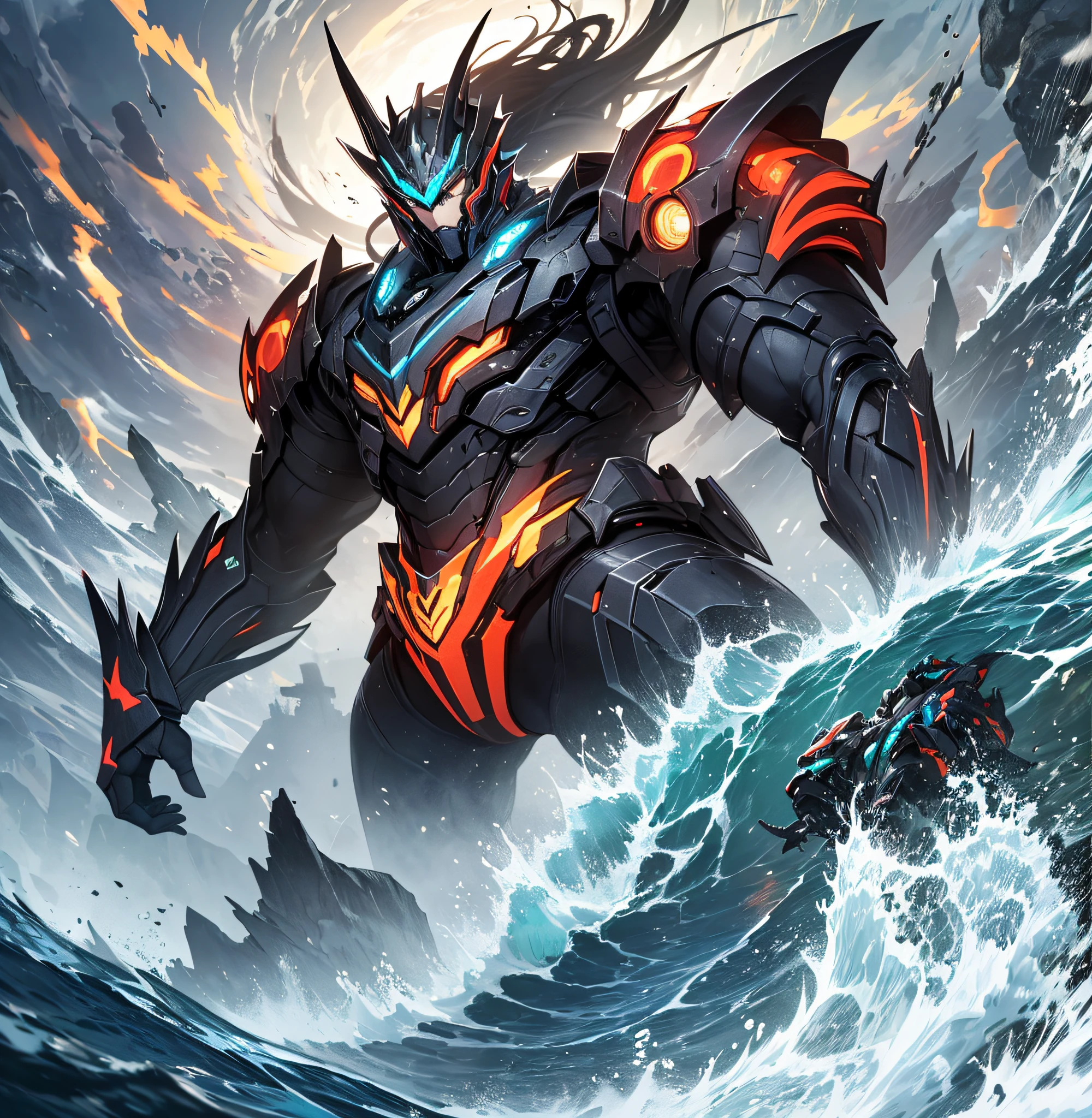 Ridiculous resolution,A high resolution,(tmasterpiece:1.4),Hyper-detailing,Underwater world,Blue mechanical titan giant,charging up,advance,swimmning,combat state,shock,blasts,Red,Dodging action(1.3)