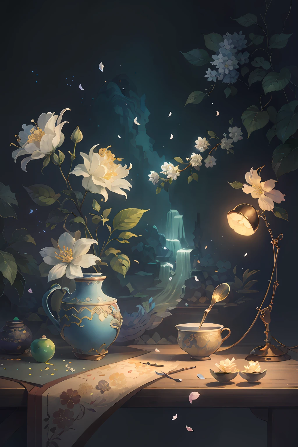 Original，（illustratio：1.1），（best qualtiy），（tmasterpiece：1.1），（the Extremely Detailed CG Unity 8K Wallpapers），（a color：1.2），jasmine flowers，Jasmine petals，scenecy，rios|Wagas，