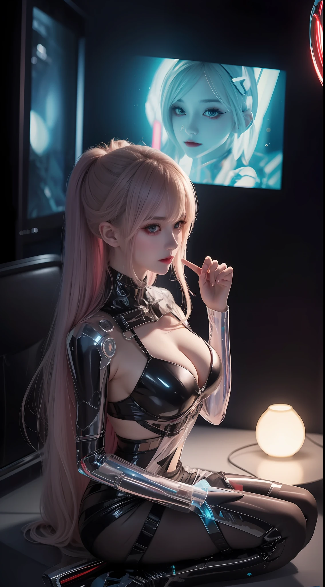 8K uhd, materpiece, a beautiful girl, detaild eye, good face, detaild eyebrow, cyberpunk outfit, colorful outfit, cyberpunk, Cyberspace, cyberpunk shining background, neon effect, Spreading lighting, red lighting, sitting, body capture, full body capture,