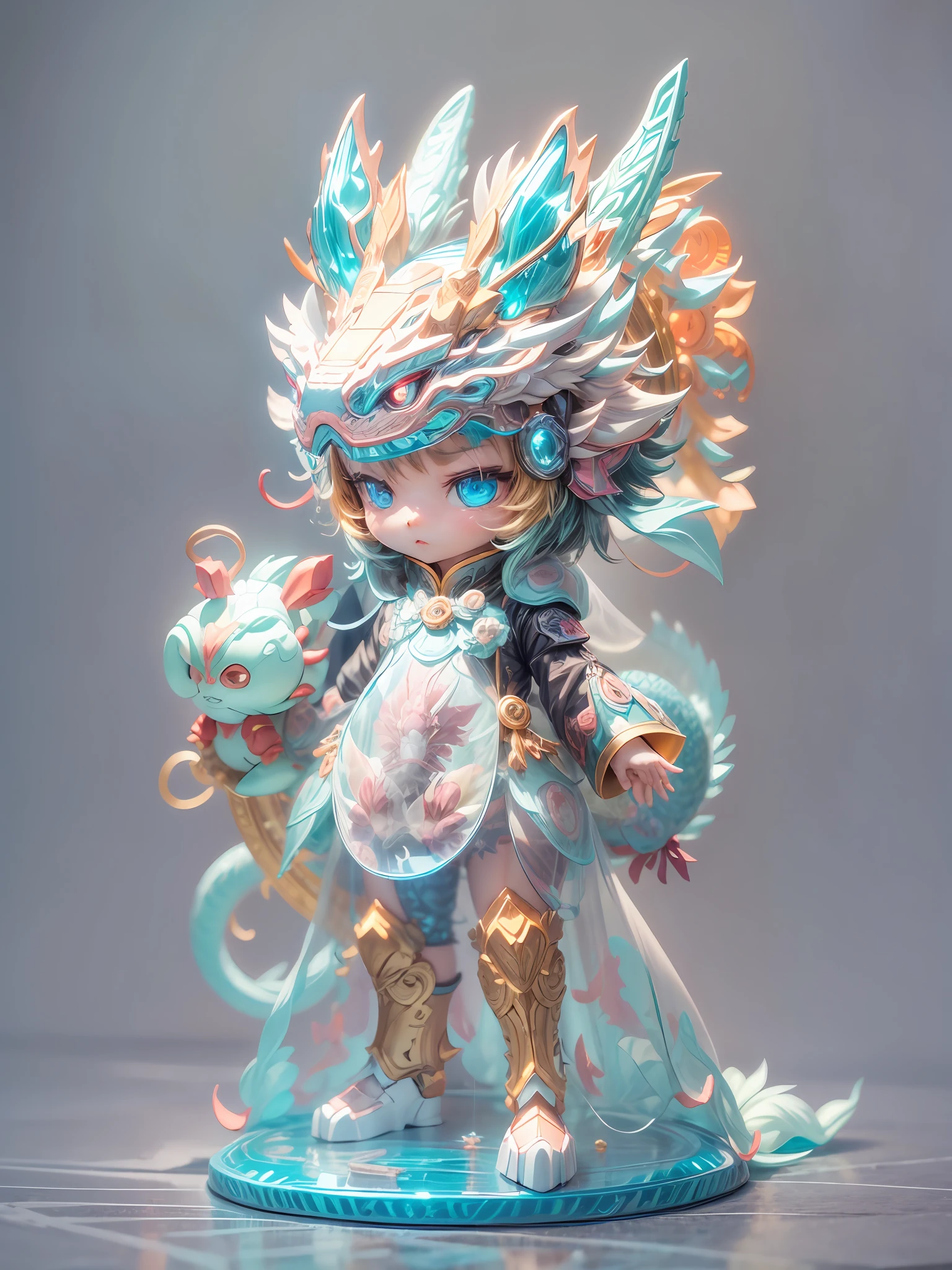chinesedragon, (blind box toy style:1.2), (Full Body Shot) ,  1 Transparent cute girl,Behind him is a transparent and cute Chinese dragon, Transparent mecha, Exquisite Helmet:1.2, glowing goggles:1.2, Cyberpunk, Dreamy Glow, Luminous neon lamp, clean, white background, ( Global illumination, raytracing, HDR, unreal render,reasonable design, high detailed, masterpiece, best quality, UHD, Cinematic Lighting)