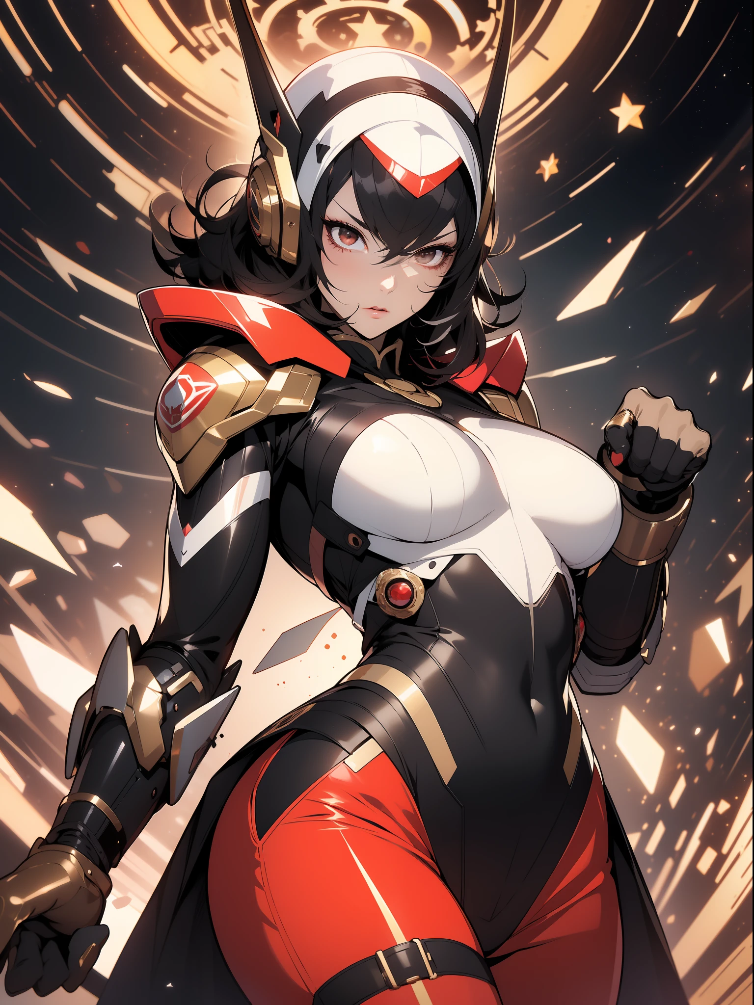 ((Best quality)), ((masterpiece)), (detailed: 1.4), (Absurd), angry princess, ((action pose)), (((black Muslim woman wearing short red dress with bronze ornaments)))), ready for war, brunette skin, hot woman, sculptural body with defined muscles, closed mouth, muscular body covered by a Hoyoverse-style technological micro dress, Honkai Impact, Geishin Impast, large motorcycle goggles, bandana covering head, whole body covered by clothing, holding two scimitars, ((small breasts)), (eyes with heavy makeup and very black without pupils), (((short black hair style Ryuko Matoi)), (alien inscriptions on the arms), ((drawings of golden stars on the arms)), very long eyelashes, heavy eye makeup, lots of jewelry, by mucha, niji --V5, close to the real, psychopath, crazy face, sexy pose, background with a giant Gundam style robot head, 2 piece clothing, diamond shoulder pads, pastel, centered, scale to fit dimensions, HDR (High Dynamic Range),Ray Tracing,NVIDIA RTX,Super-Resolution,Unreal 5,Subsurface dispersion, PBR texture, Post-processing, Anisotropic filtering, Depth of field, Maximum clarity and sharpness, Multilayer textures, Albedo and specular maps, Surface shading, Accurate simulation of light-material interaction, Perfect proportions, Octane Render, Two-tone lighting, Wide aperture, Low ISO, White balance, Rule of thirds, 8K RAW, crysisnanosuit