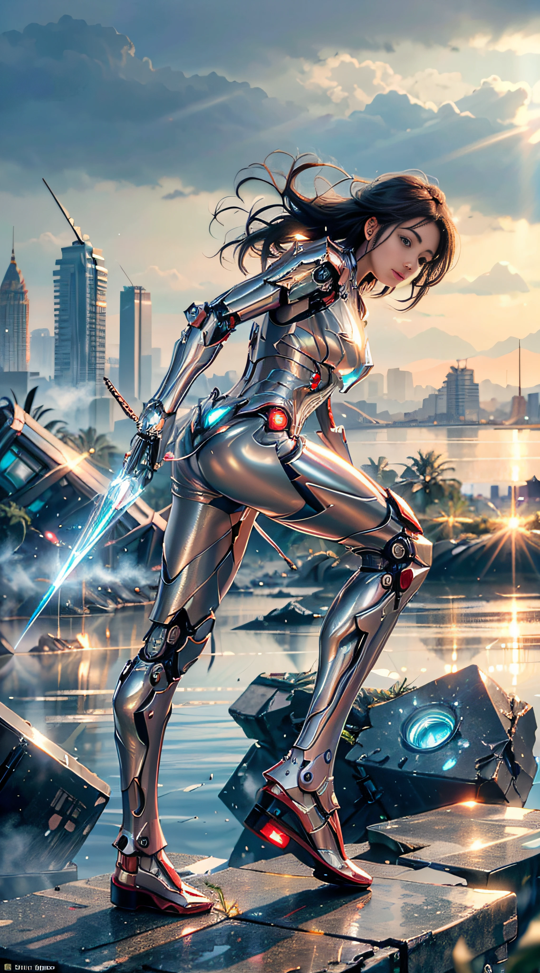 RAW, Masterpiece, Ultra Fine Photo,, Best Quality, Ultra High Resolution, Photorealistic, Sunlight, Full Body Portrait, Stunningly Beautiful,, Dynamic Poses, Delicate Face, Vibrant Eyes, (Side View) , she is wearing a futuristic Iron Man mech, red and gold color scheme, highly detailed abandoned warehouse background, detailed face, detailed and complex busy background, messy, gorgeous, milky white, high detailed skin, realistic skin details, visible pores , sharp focus, volumetric fog, 8k uhd, dslr camera, high quality, film grain, fair skin, photorealism, lomography, sprawling metropolis in futuristic dystopia, view from below, translucent