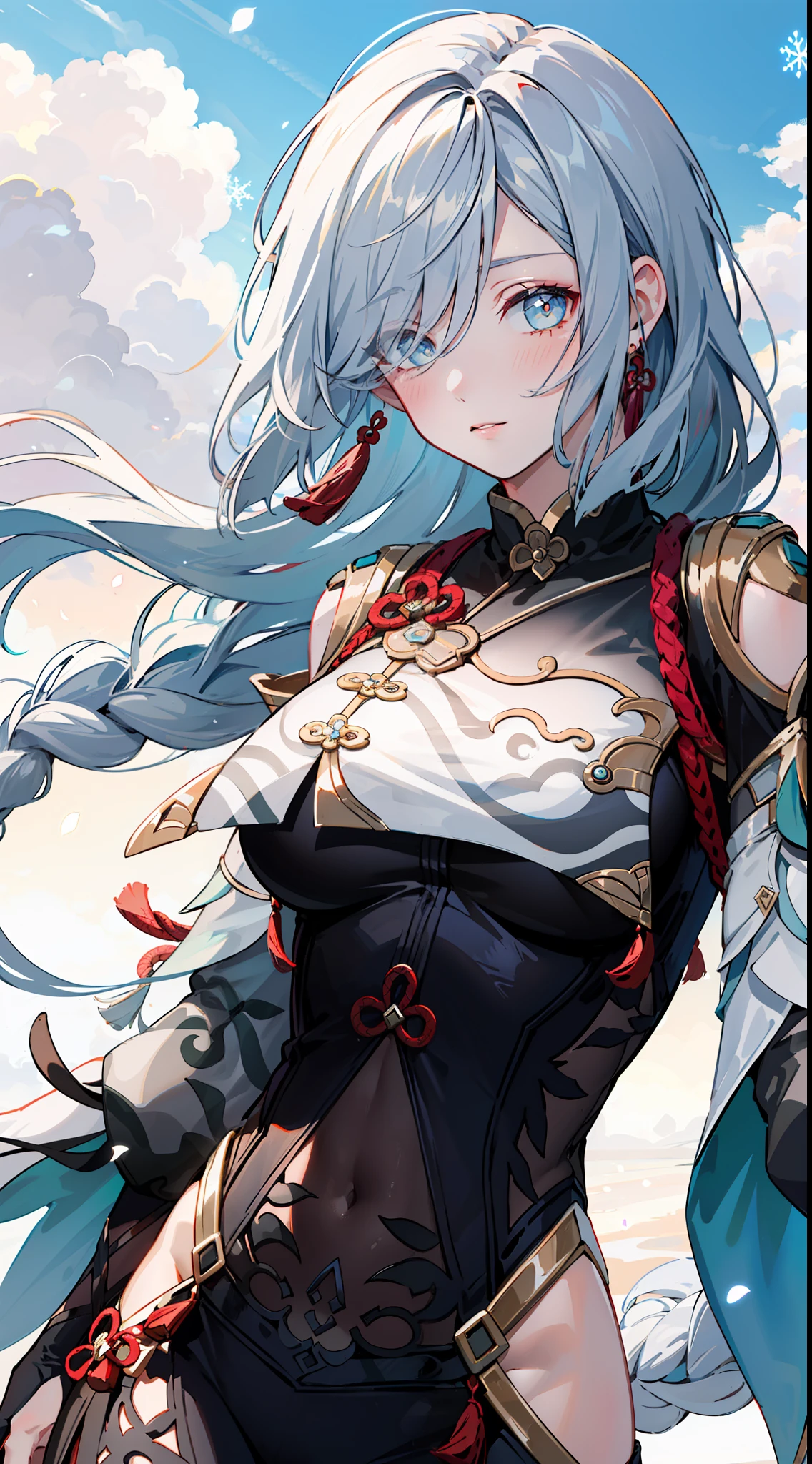 shenhedef, upper body, seductive look, blush, outdoors, snowflake scenery, looking at viewer, cloudy, moody lighting, (perfect detail eyes:1.2), glowing eyes, (long hair one braid:1.2), elemental skill effect, (Masterpiece, Best Quality, High Quality:1.4), professional artwork, Intricate Details, field of view, sharp focus, detailed painting, photorealistic lighting, trending on pixiv, (vivid lighting, vibrant colors:1.05), realistic shadows, ambient occlusion, (athletic body:1.3), mature woman, 30yo,