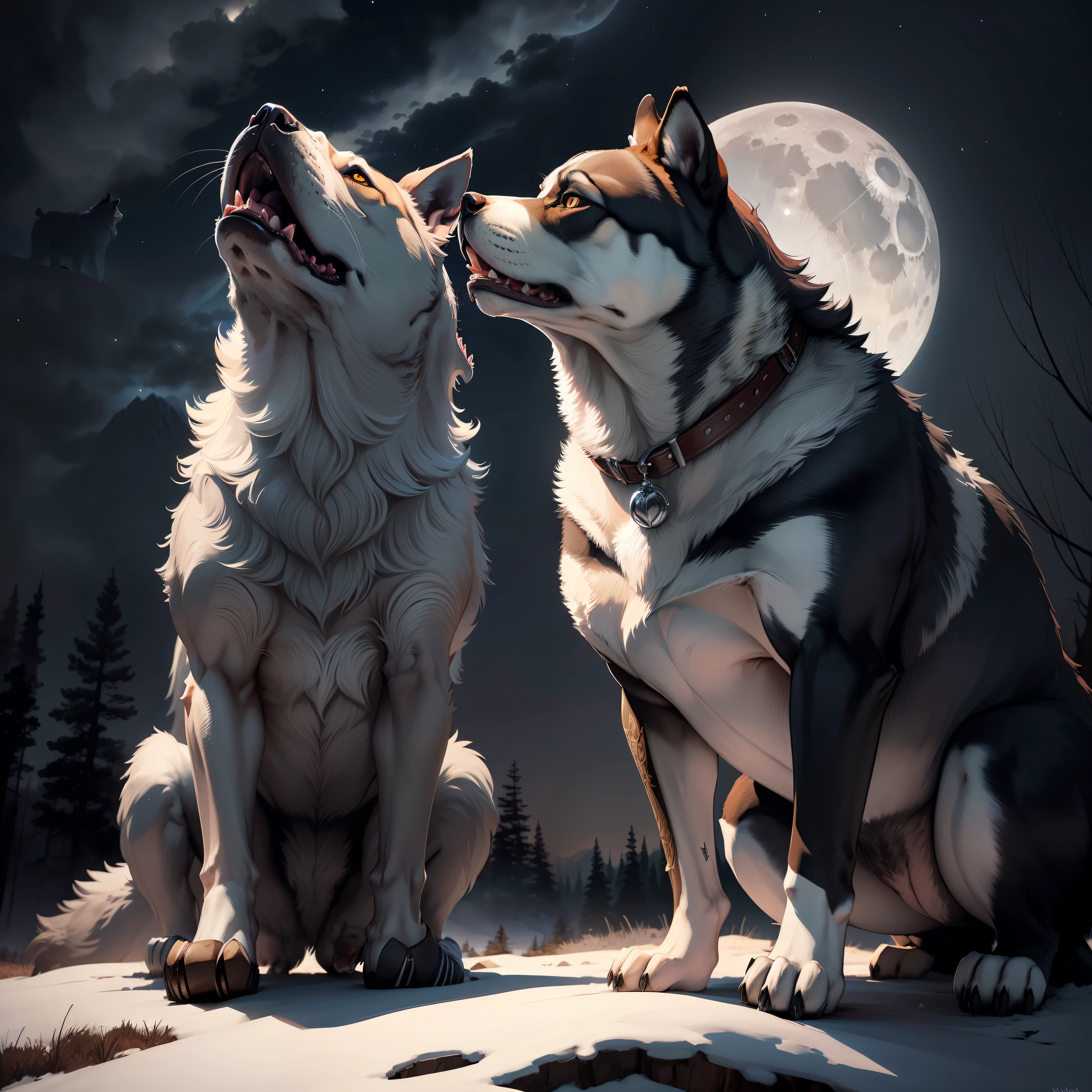 wolf howling at moon with a bulldog beside him looking at him like what are you doing, standing on a hill, moon in background, dark forest foreground,