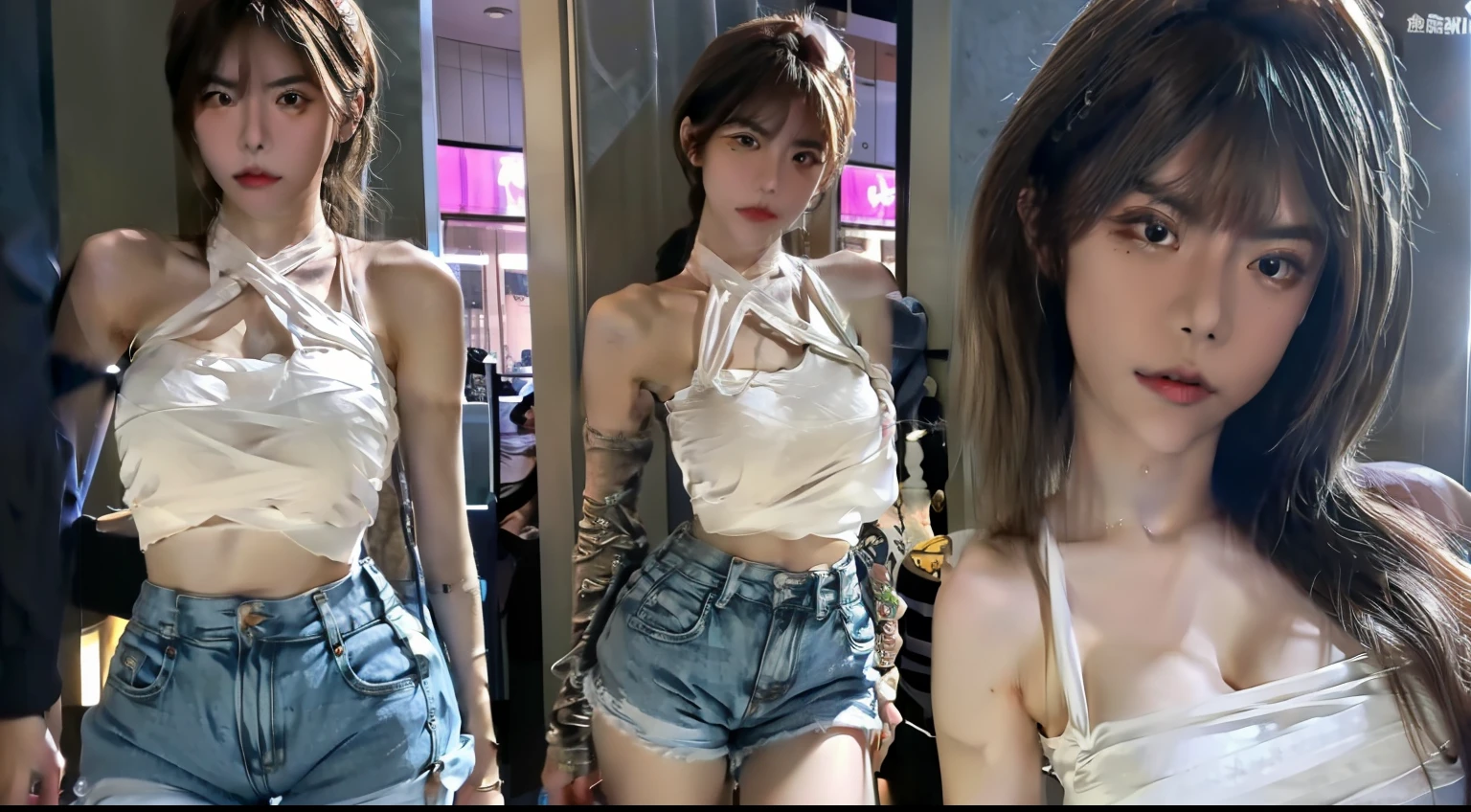 (Highly detailed underground parking、Fine、Colossal tits、g-cup、A sexy、sleeveless shirts、shortpants、full body Esbian、　Conservative and delicate face、Large aperture、Close-up portrait of a person)、Bold sexy poses、Hair is light brown、Full Body Pose、adult lady、Gentle expression
