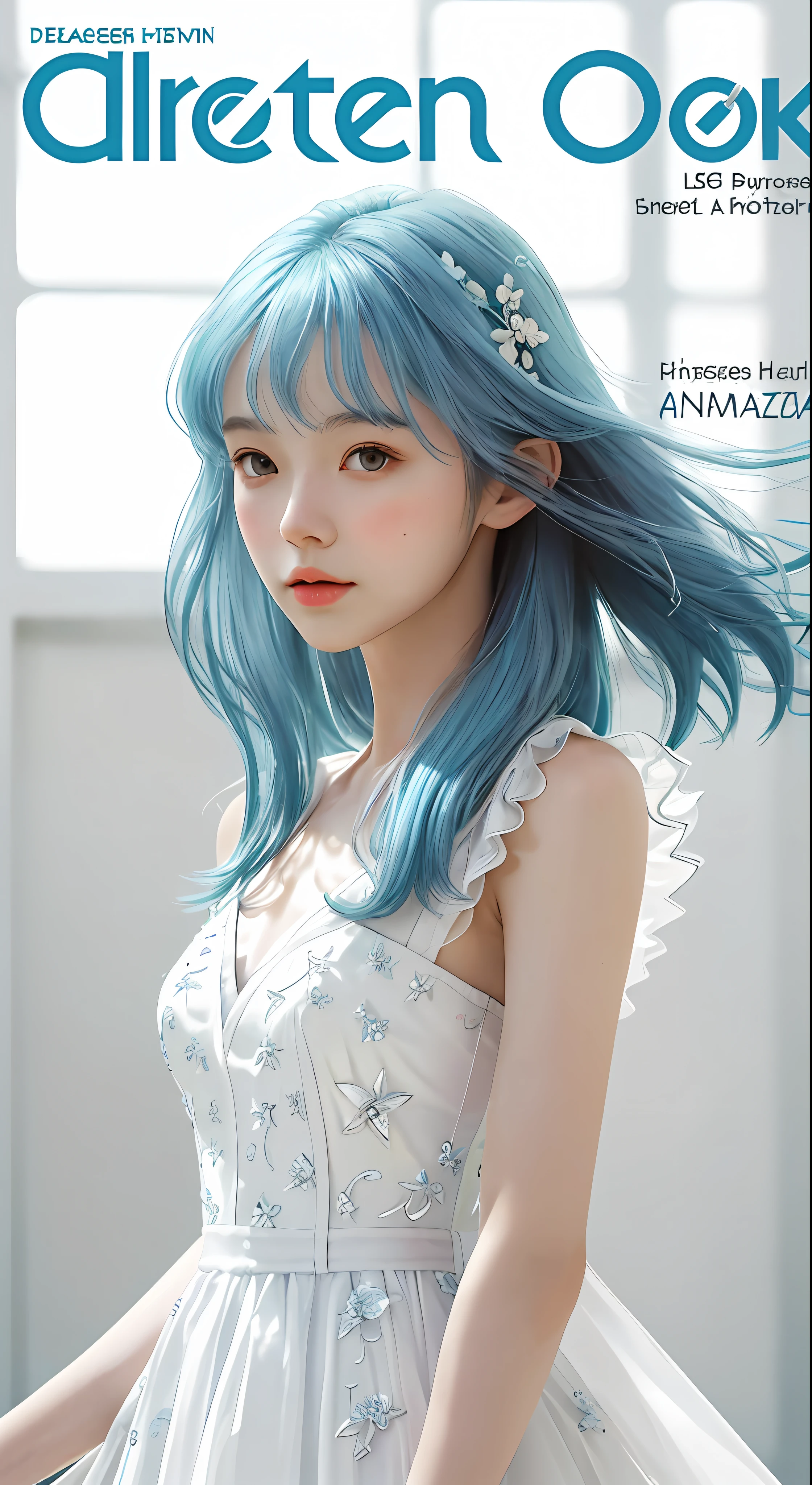 Masterpiece, Superb Style, Summer Dress, Color Hair, Indoor, Hotel, Magazine Cover, Upper Body, 1Girl, Delicate Hair, Arm Carving, Dream Blue Hair All Over, Delicate Shoes, Eye Carving, Delicate Hair, Clay Texture, Stepping on the Ground, Black and White Background, Natural Light, Best Quality, Ultra Detail, 8K, , (Facial Features to Be Clear)!!!! (The facial features are naturally rich, the character has only two legs and only five fingers on the hands)