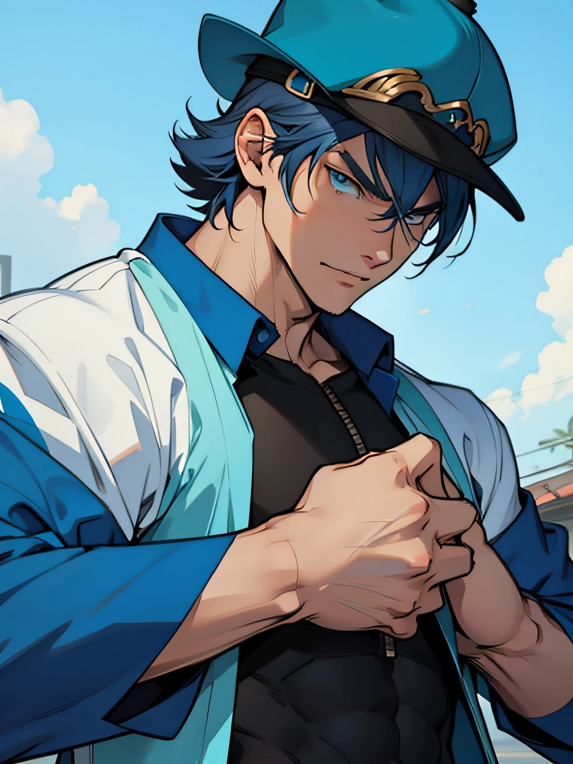 Anime men,short detailed hair,wearing hat,Wearing a blue Tang costume,nigth,ferocious,