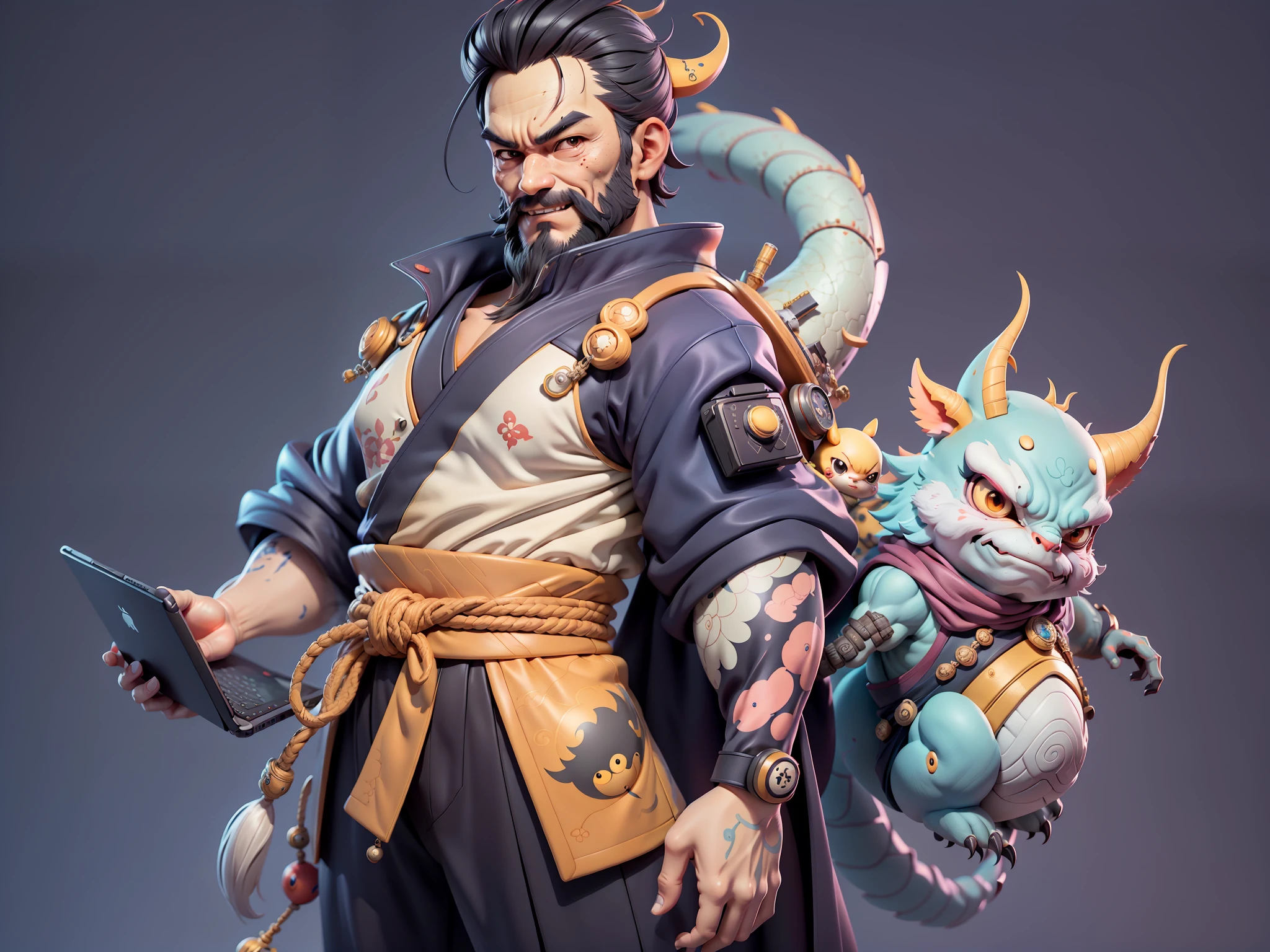 (Daisaku),(Need),(Super meticulous),(full bodyesbian:1.2),Japanese ukiyo-e girl，japanese geisha，Beautiful，Oriental dragon，Aeolian Thor，Raised sexy，爆乳，Oriental face，TV Anchor，Bust portrait illustration，Alone，In black suit，a blue tie，The face is slightly chubby，The face was clean，without a beard，Black super short hair，Black eyes，Smile confidently，3C computer sub-products，iPad， iphone，Digital painting，3D character design by Mark Clairen and Pixar and Hayao Miyazaki and Akira Toriyama，The illustration is a high-definition illustration in 4K resolution，With very detailed facial features and cartoon-style visuals。