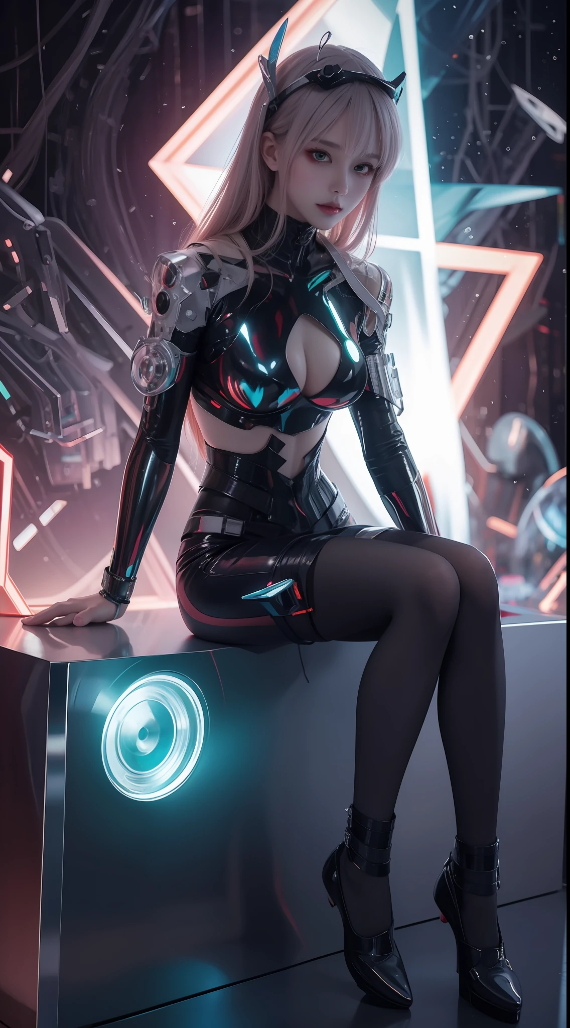 8K uhd, materpiece, a beautiful girl, detaild eye, good face, detaild eyebrow, cyberpunk outfit, lite outfit, cyberpunk, Cyberspace, cyberpunk shining colorful background, neon effect, Spreading lighting, red lighting, sitting,  body capture, full body capture,
