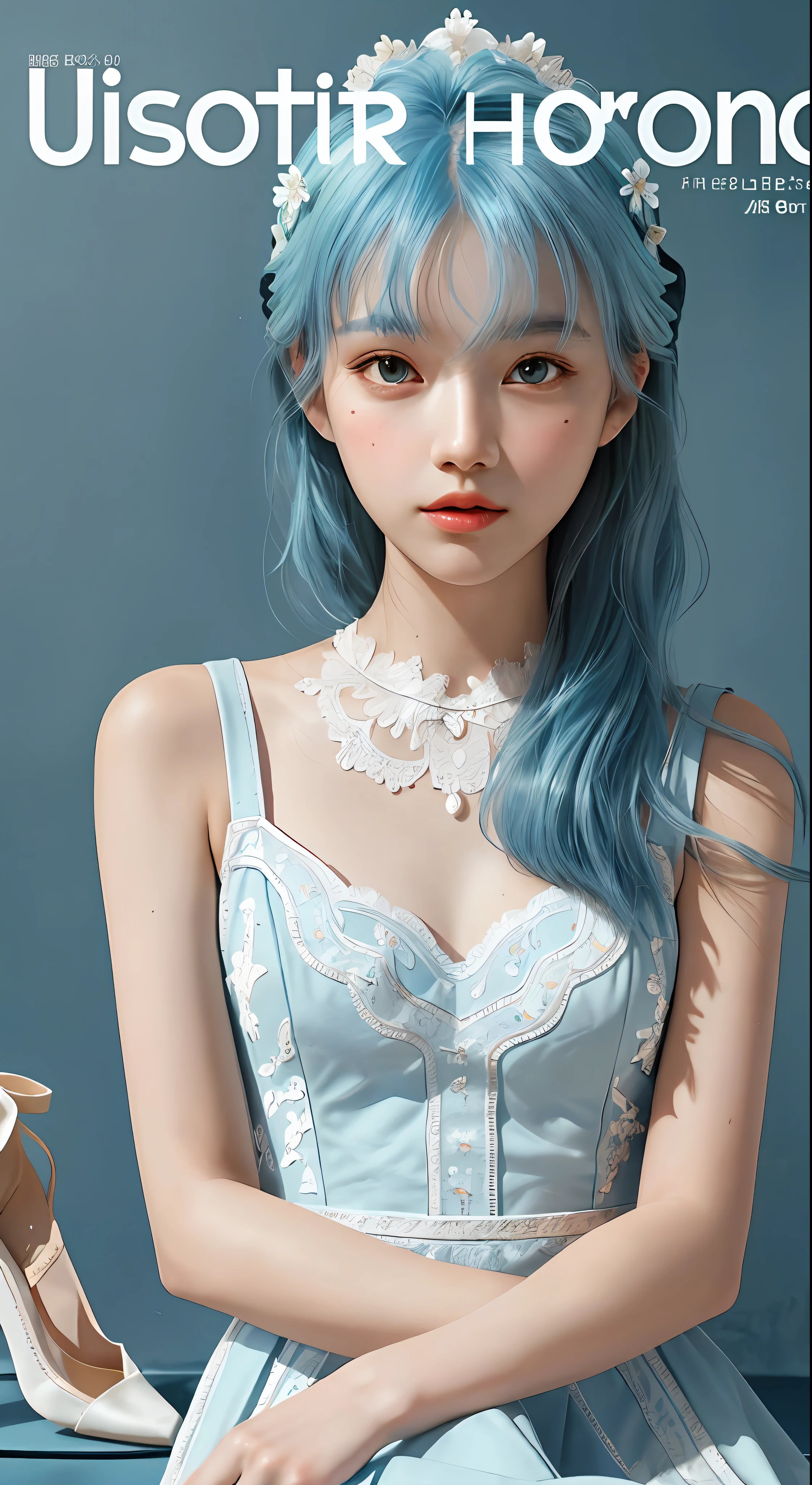 Masterpiece, Superb Style, Summer Dress, Color Hair, Indoor, Hotel, Magazine Cover, Upper Body, 1Girl, Delicate Hair, Arm Carving, Dream Blue Hair All Over, Delicate Shoes, Eye Carving, Delicate Hair, Clay Texture, Stepping on the Ground, Black and White Background, Natural Light, Best Quality, Ultra Detail, 8K, , (Facial Features to Be Clear)!!!! (The facial features are naturally rich, the character has only two legs and only five fingers on the hands)