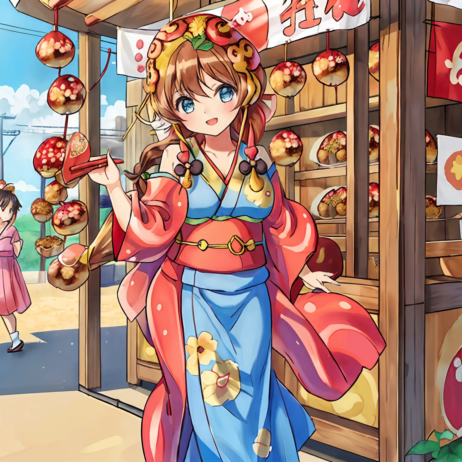 (Highly detailed CG Unity 8k wallpaper), (Best Quality), (Super Detail), (Best Illustration), (Best Shadow), POV, Realistic lighting and shading, Natural light, Lens flare effect, BREAK, 1 beautiful girl, Solo,(Cute:1.5),(Chibi:0.8), (kawaii:1.5),(Lori:0.5), BREAK, ( (17 years old girl), Very detailed, colourfull, highest details, BREAK, (Huge breasts: 1. 2,), Clear skin, Beautiful skin, Shy skin, 1 beautiful girl, Brown hair wet with sweat, (Cat ears, Braids,medium-Long hair: 1. 2), (Light blue eyes, long eyelashes, Double eyelids: 1. 2), Solo, gleaming skin, BREAK,(Yukata with cute sunflower pattern,Dark blue obi kimono:1.2), (:D:1.2), (star-shaped earring:1.1), (Hair ornament in the shape of the moon:1.0), (Red clogs:1.3), (Arms spread with high tension:1.1), (is standing,,Slouched:1.3), Taking off your t-shirt, (Angle from above,Emphasizes cleavage:1.1), BREAK, (omatsuri:1.2),(food stand,Takoyaki Restaurant,Bon dance,natta,skyrocket:1.5),