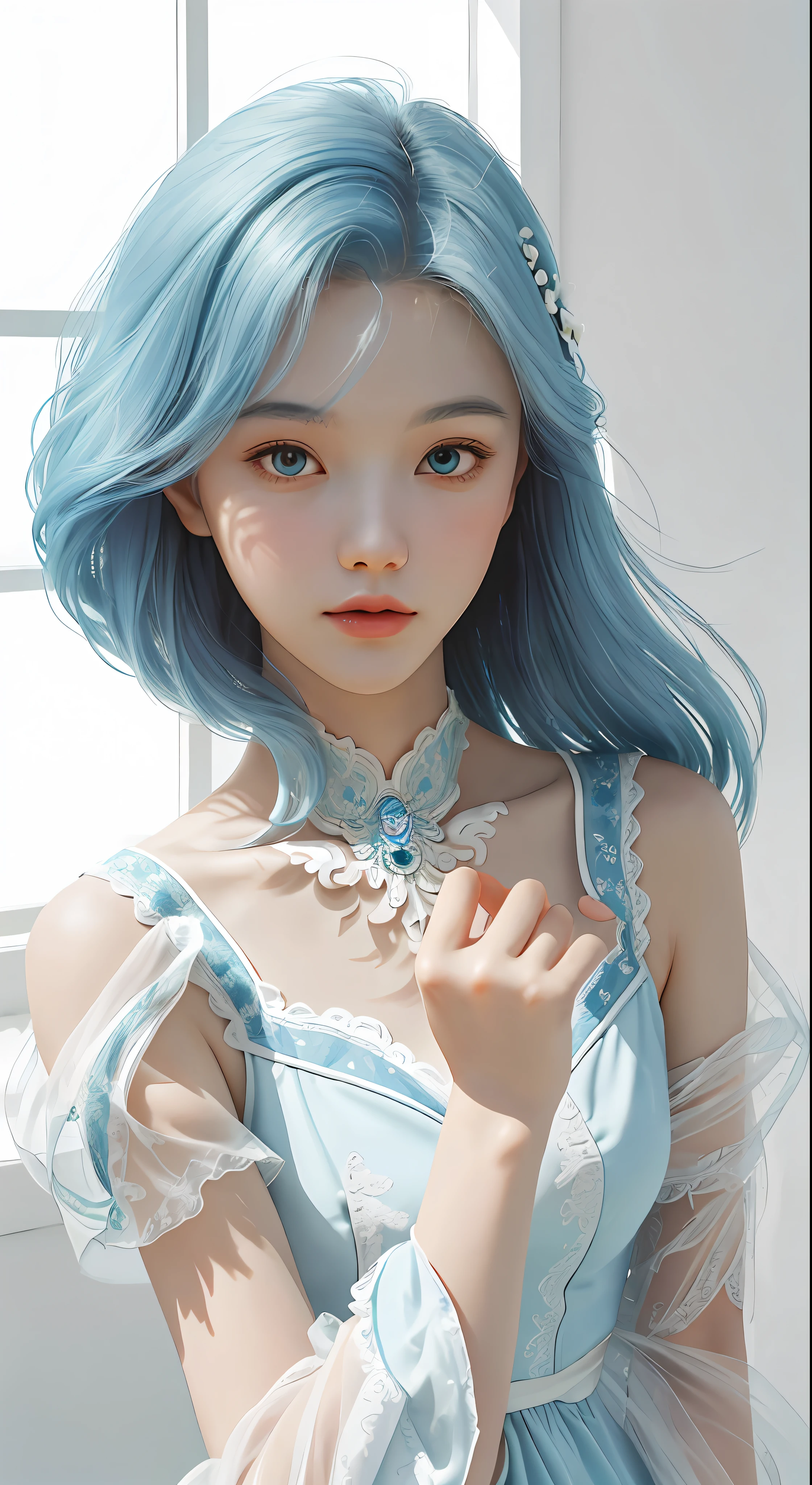 Masterpiece, Superb Style, Summer Dress, Color Hair, Indoor, Hotel, Magazine Cover, Upper Body, 1Girl, Delicate Hair, Arm Carving, Dream Blue Hair All Over, Delicate Shoes, Eye Carving, Delicate Hair, Clay Texture, Stepping on the Ground, Black and White Background, Natural Light, Best Quality, Ultra Detail, 8K, , (Facial Features to Be Clear)!!!! (The facial features are naturally rich, the character has only two legs and only five fingers on the hands)
