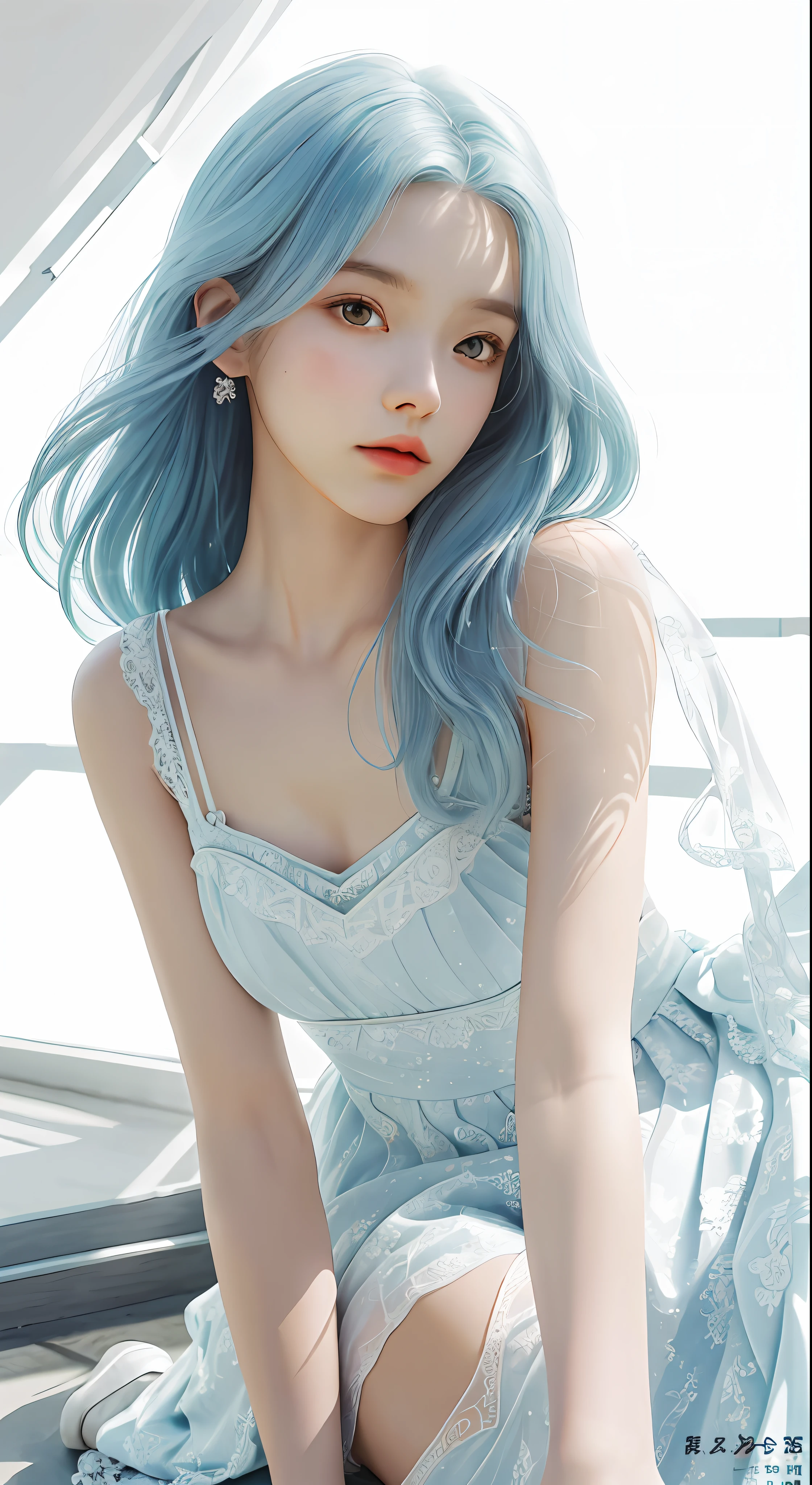 Masterpiece, Superb Style, Summer Dress, Color Hair, Indoor, Hotel, Magazine Cover, Upper Body, 1Girl, Delicate Hair, Arm Carving, Dream Blue Hair All Over, Delicate Shoes, Eye Carving, Delicate Hair, Clay Texture, Stepping on the Ground, Black and White Background, Natural Light, Best Quality, Ultra Detail, 8K, , (Facial Features to Be Clear)!!!! (The facial features are naturally rich, the character has only two legs and only five fingers on the hands)