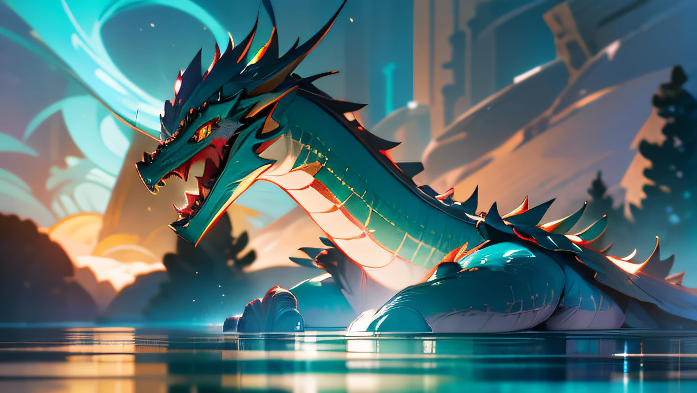 (melhor qualidade, Melhor detalhe, master part), 1 elfo feminino bonito, standing on the water, rosto claro, haughty expression, blurred reflection, background is a western dragon, elementos de gelo e fogo, particuls, ray tracing, hd render, detalhe HD, Epic composition, 8k