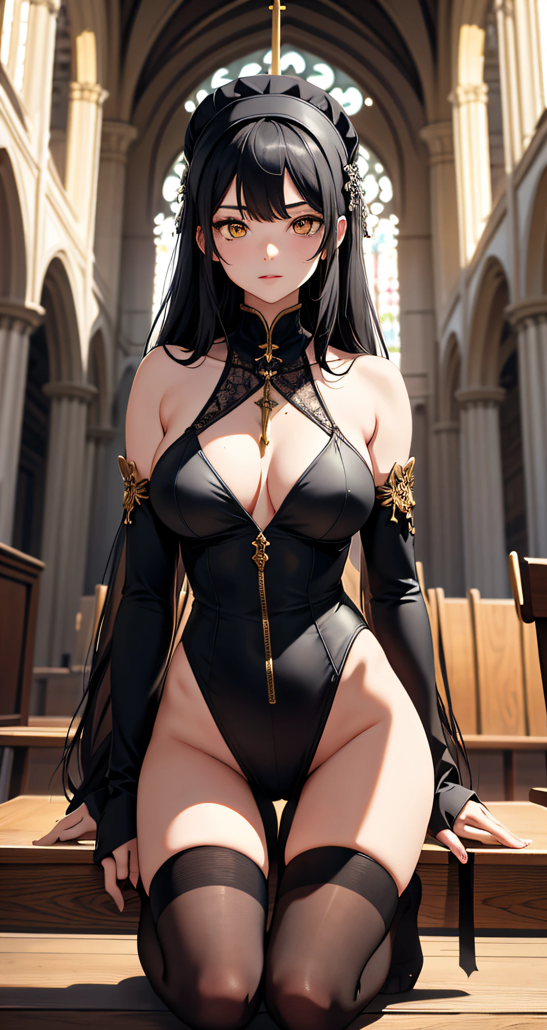 absurd res, high res, (masterpiece:1.4), ultra-detailed, 1girl, from front, space, black stockings, medium hair, yellow eyes, hands out of frame, Hourglass figure, hourglass body, highest quality, absurd quality, 8k, perfect body, perfect contrast, beautiful face, yellow eyes, unrevealing skin, 1girl, kneeling, facing viewer, holy maiden, sister, holy girl, praying, from front, sfw, unrevealing clothes, covered skin, black hair, sister, church,