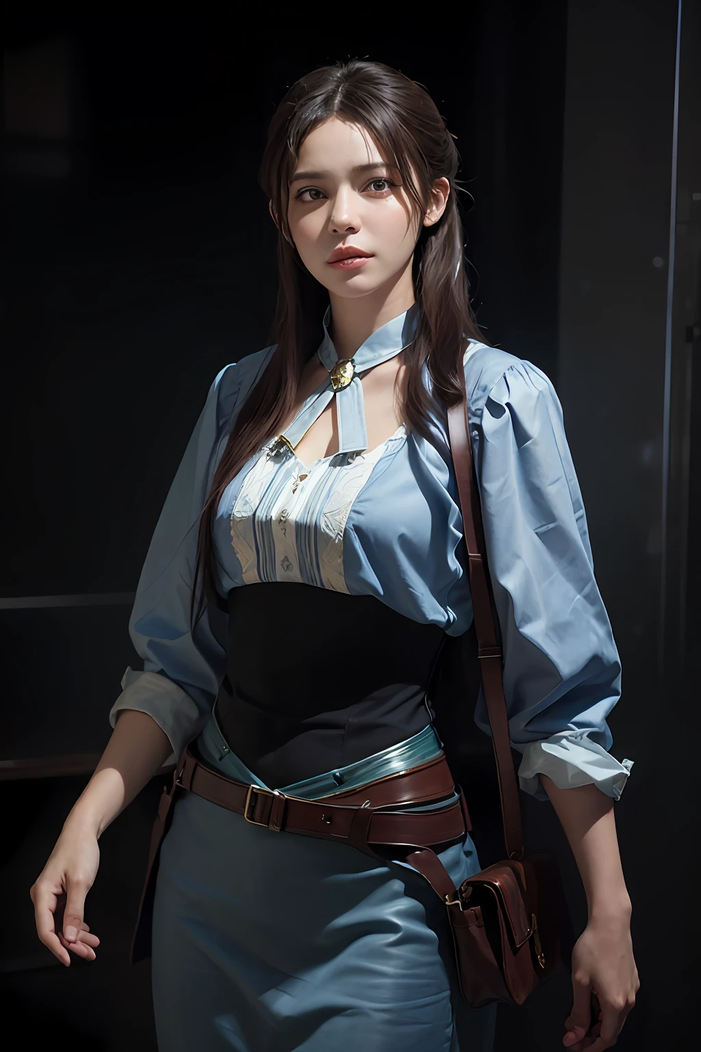 Hyperrealist portrait of female by david hockney and alphonse mucha,fantasy art, photo realistic, dynamic lighting, artstation, poster, volumetric lighting, very detailed faces, 4 k, award winning,, 1girl, in the dark, deep shadow, low key,cowboy shot,(official clothing:1.4) ,long hair,white hair,