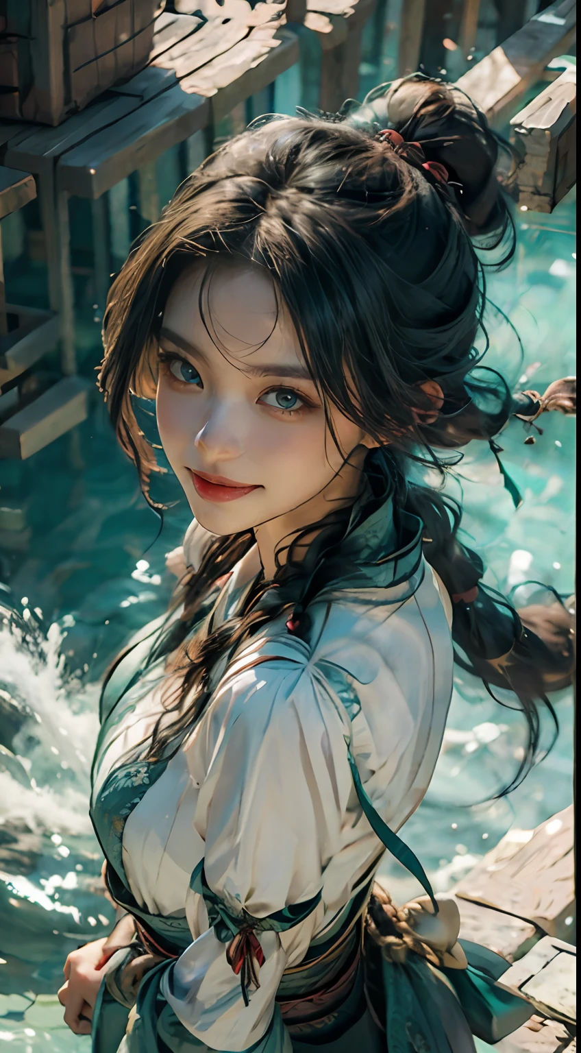 braidedponytail, Dragon horns, aqua eyes, Light smile, Tonalism, Motion blur, From above, 35mm, Sony FE GM, 16k