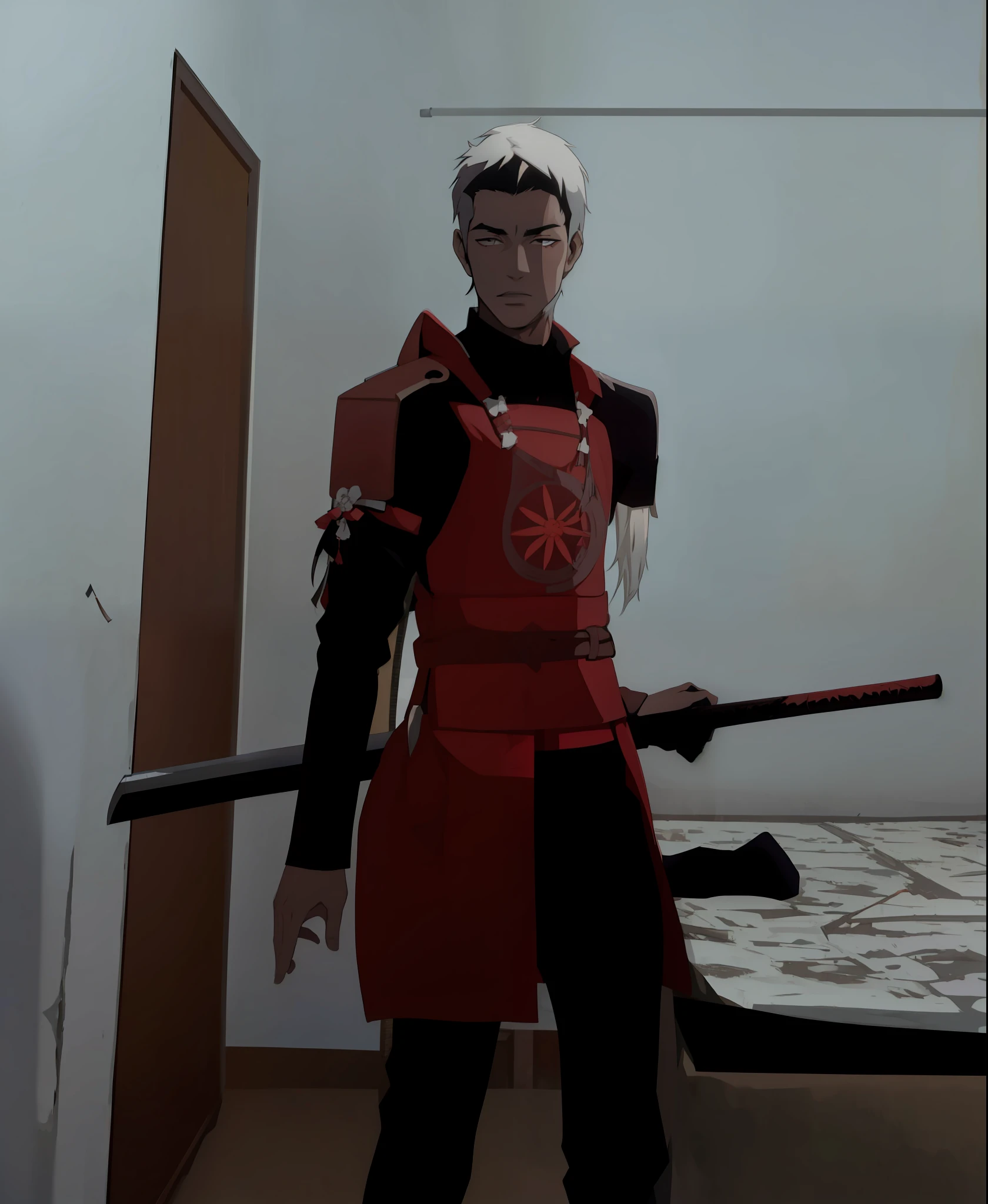 homen , Samurai , cabelo preto com pontas branca,Japanese castle