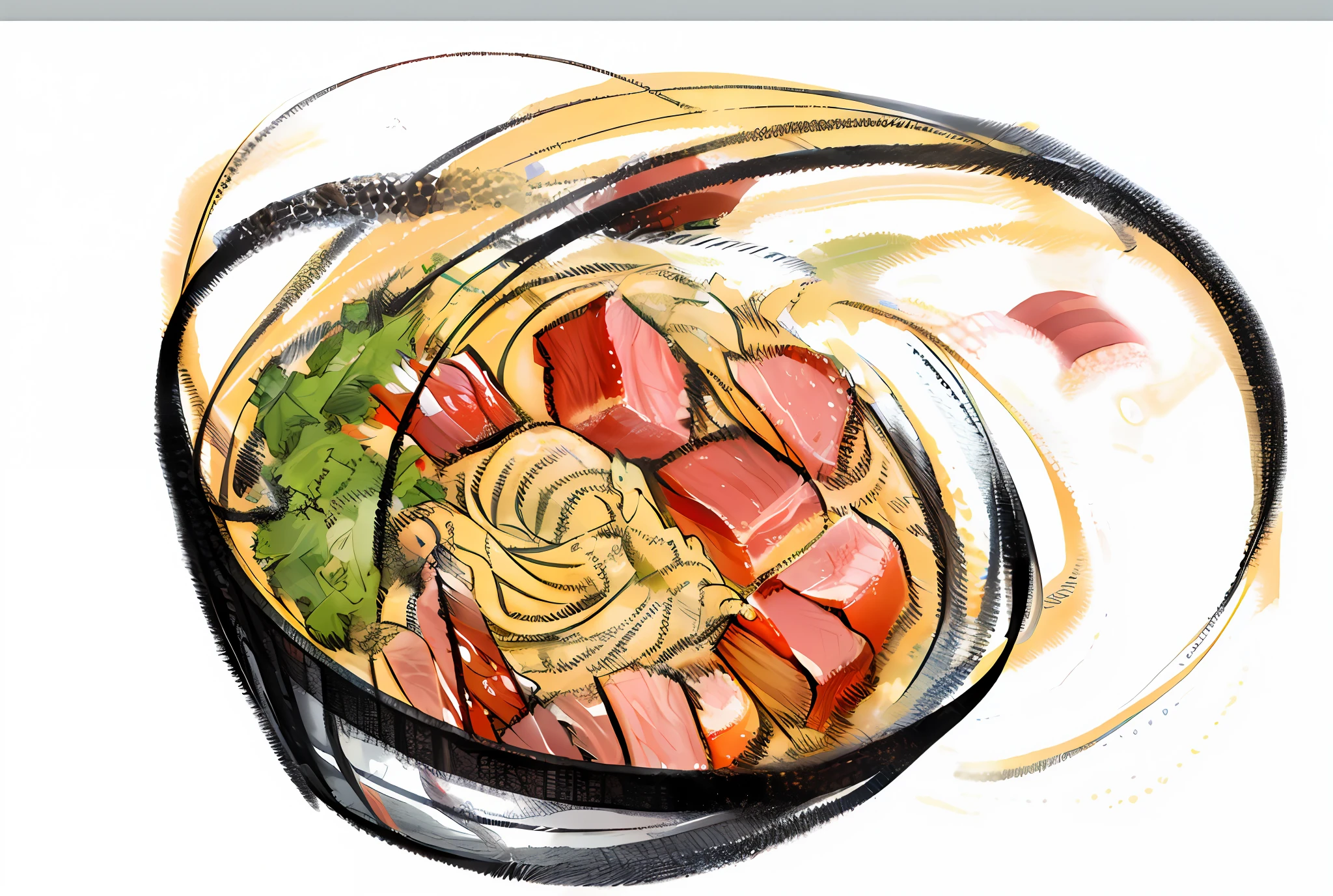 Amazing food illustration, drawn with photoshop, expressive digital painting,Brisket noodles,Amazing food illustration, drawn with photoshop, expressive digital painting,Thick and dashed lines,Bright colors,noodle,Beef cuts,vegetable,The black lines of charcoal are very striking,A combination of brush and color,Very special