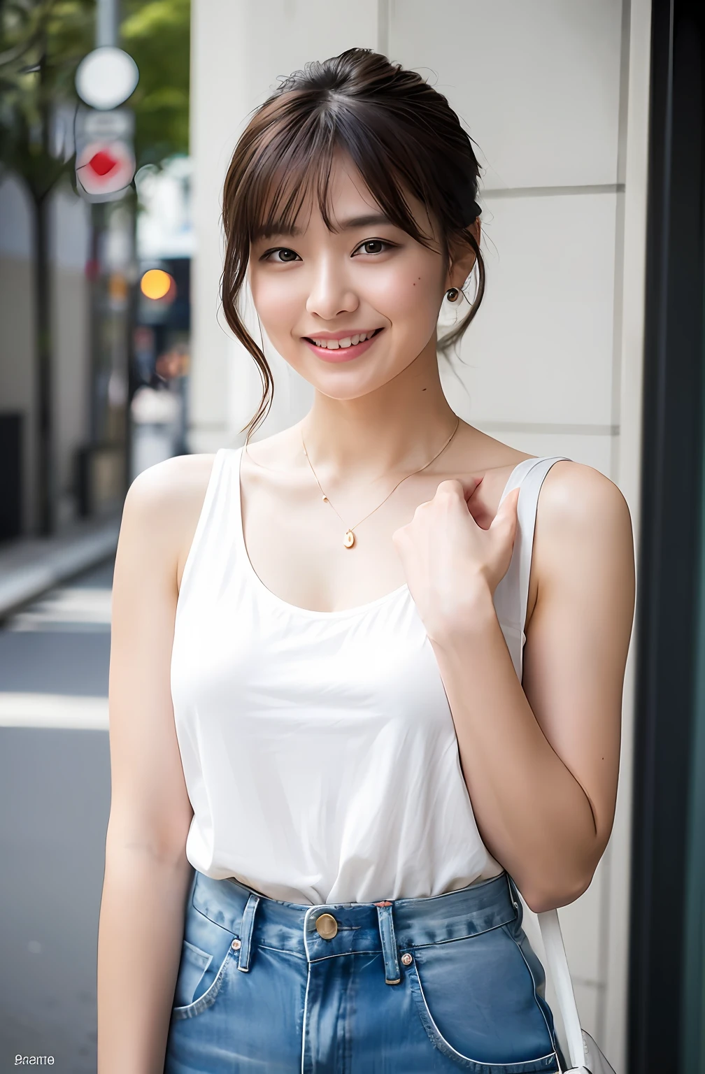 ((8K:1.27)、top-quality、masterpiece、超A high resolution:1.2)Photo Beautiful Japan woman (pleasing:1.1) (White shirt clothes:1.21) Design by Gregg Lutkowski and Alphonse Mucha Intricate Elegance、Fantasia、detaileds、Geometry、Gradient lighting、1girl in、26 year old、Delicate skin、looking at the spectator、Brown-eyed、(short flaxen hair:1.2)、(tiny chest:1.0)、(medium areola:0.8)、(Photorealsitic:1.4)、(top-quality:1.0)、(超A high resolution:1.0)、(without hands:1.0)、8K、Raw photography、 (Representative songs: 0.2), (pureerosface_v1:0.5)、Tight clothes、Tight clothes、tote bags、Sleeveless、Onepiece、Sleeveless、see -through、Laugh、a necklace、Linen material、The shirt、Ginza 4-chome、After work、early evening、Business Fashion、Parted bangs、Hair is tied up、Close-up hairstyles、Gentle smile、Lapel Rack、up chest、the shape of the small breasts is clearly visible、Hang your bag、eyebrows are thin、Hands behind the head、Hair Tie Gestures、