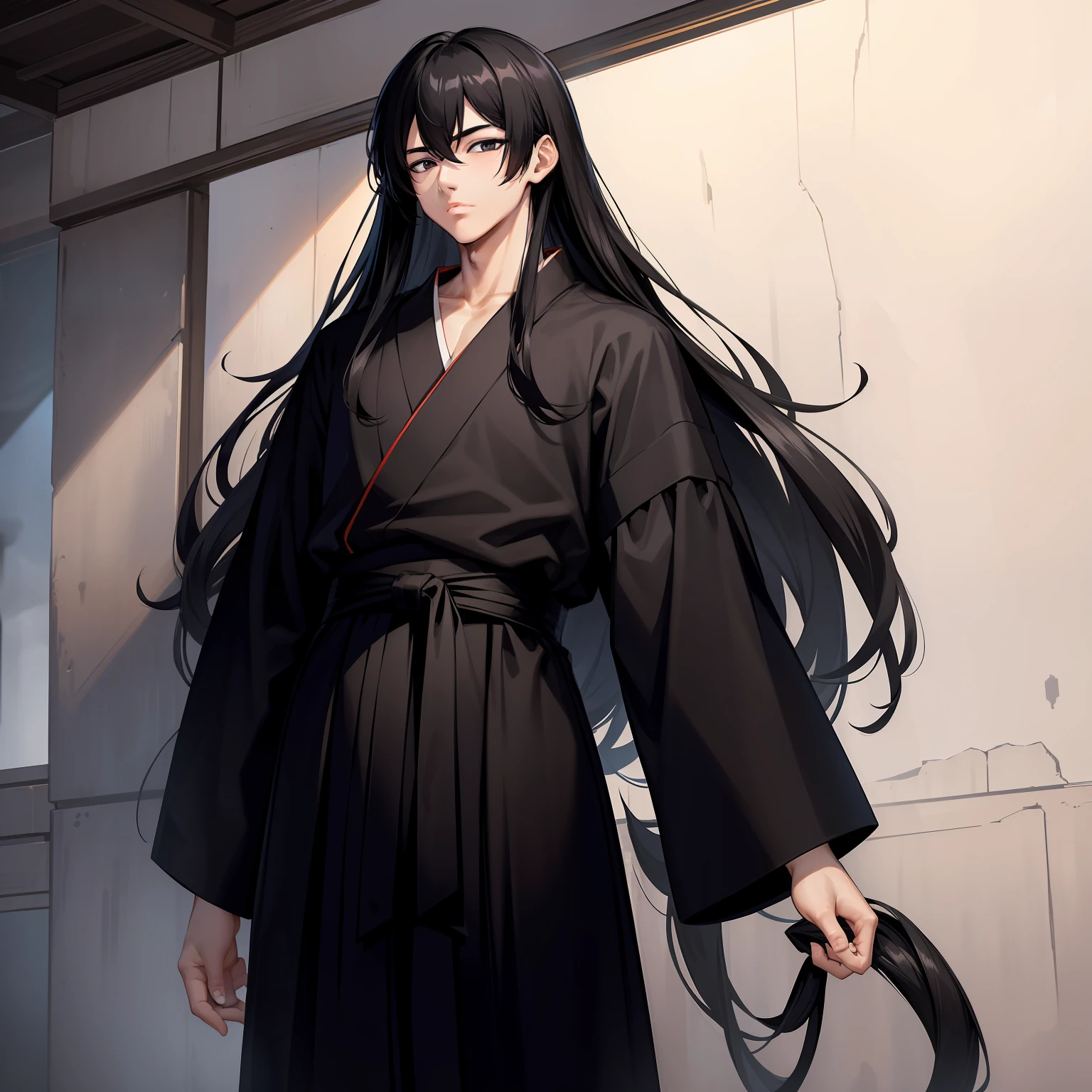 (masterpiece)8K分辨率、top-quality、He is around 20 years old and tall、Toned body、Delicate full-length image、Jet black long hair、Jet-black eyes are attractive、Hakama style for long clothes、