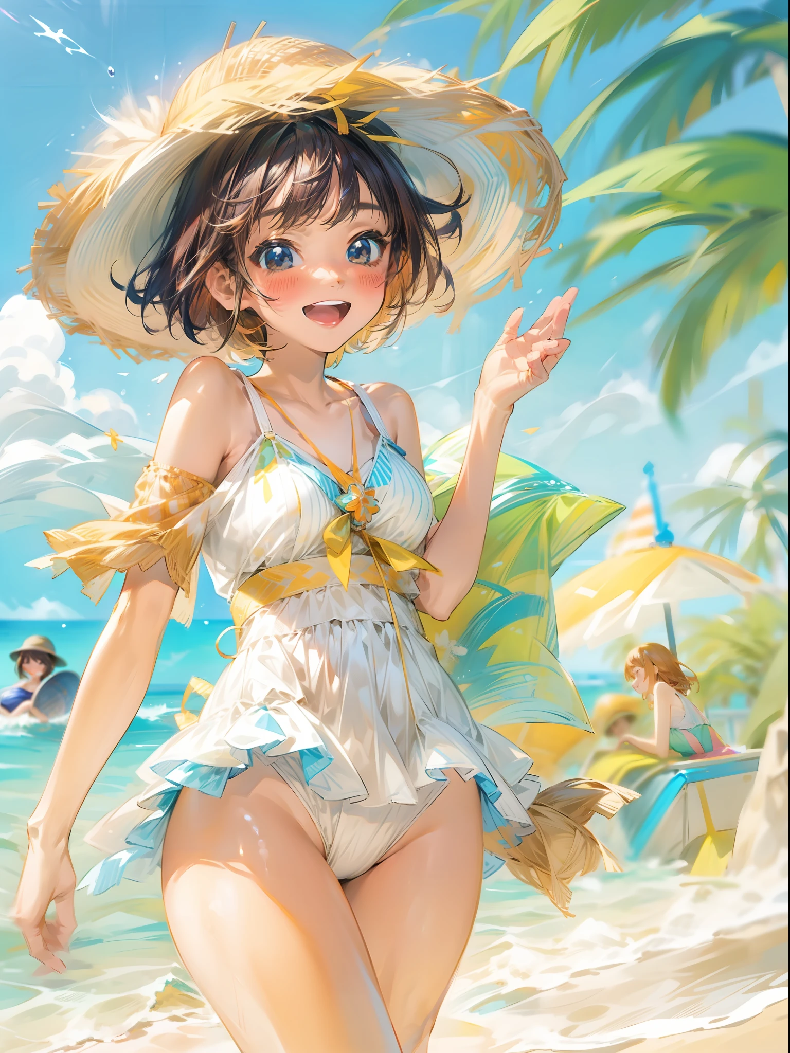 8K、Summer short bob beach girl illustration drawn in ultra-high definition details。She wears cute beachwear、Enjoying a pleasant summer by the sea。It is characterized by her cheerful and cheerful figure。
The beautiful sea spreads out in the background、Blue sky and white sand beach are depicted。She is smiling happily on the beach、Bathed in the summer sunshine。
Pose as if you were enjoying yourself at the seaside、In his hand he holds a colorful float。Her cheerful smile and liveliness represent the fun moments of a summer beach girl.。
The costume is based on cute beachwear.、It depicts her shining on the beach in summer。Her bright and lively image is emphasized。
Bright and vivid summer colors spread throughout the illustration.、The fun of the summer beach and her bright charm are expressed。Her short bob hair is swaying lightly。
The effect depicts the summer sunlight and the bustling state of the seaside.、The cheerfulness of a beach girl in summer is expressed。pure、Beautiful scenery of sea and sandy beach colors the entire illustration。
Background effect depicts the bright atmosphere of the beach in summer、Her fun moments are highlighted。Her lively figure and summer beach scenery depict the bright figure of a short bob beach girl.。