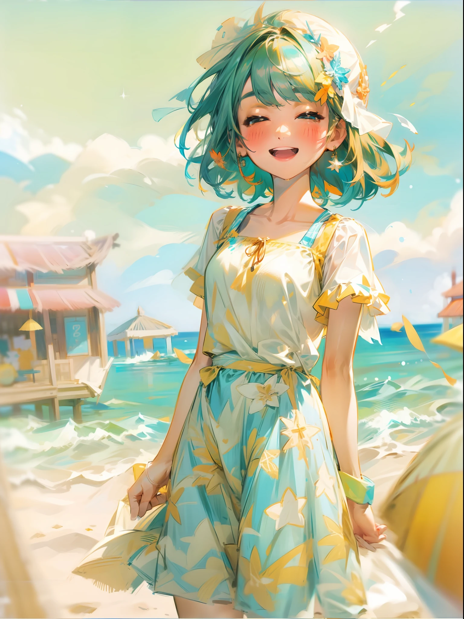 8K、Summer short bob beach girl illustration drawn in ultra-high definition details。She wears cute beachwear、Enjoying a pleasant summer by the sea。It is characterized by her cheerful and cheerful figure。
The beautiful sea spreads out in the background、Blue sky and white sand beach are depicted。She is smiling happily on the beach、Bathed in the summer sunshine。
Pose as if you were enjoying yourself at the seaside、In his hand he holds a colorful float。Her cheerful smile and liveliness represent the fun moments of a summer beach girl.。
The costume is based on cute beachwear.、It depicts her shining on the beach in summer。Her bright and lively image is emphasized。
Bright and vivid summer colors spread throughout the illustration.、The fun of the summer beach and her bright charm are expressed。Her short bob hair is swaying lightly。
The effect depicts the summer sunlight and the bustling state of the seaside.、The cheerfulness of a beach girl in summer is expressed。pure、Beautiful scenery of sea and sandy beach colors the entire illustration。
Background effect depicts the bright atmosphere of the beach in summer、Her fun moments are highlighted。Her lively figure and summer beach scenery depict the bright figure of a short bob beach girl.。