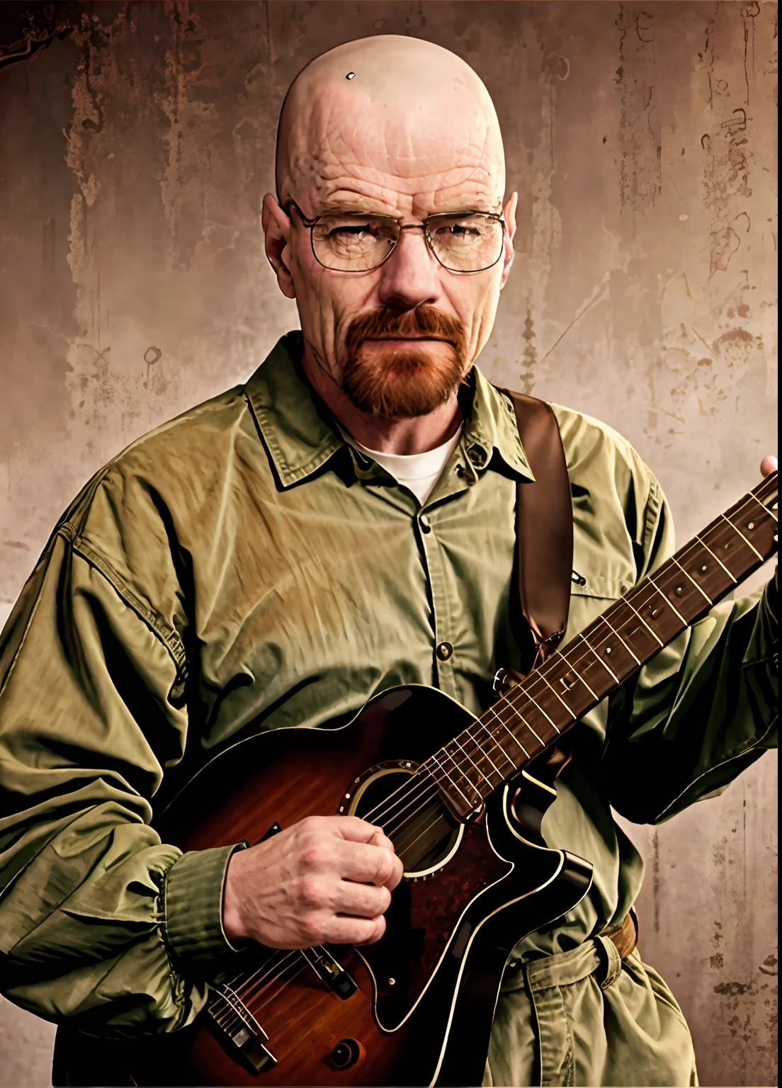 Create a realistic UHD image of Walter White with guitar