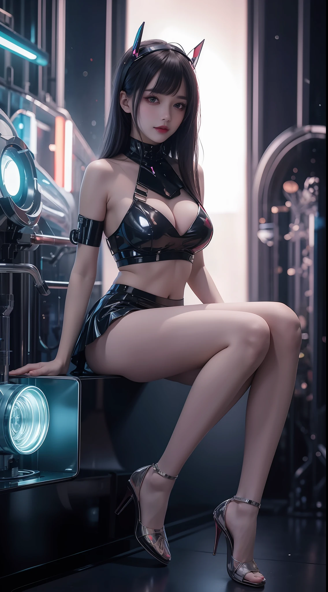 8K uhd, materpiece, a beautiful girl, detaild eye, good face, detaild eyebrow, cyberpunk outfit, half skirt outfit, cyberpunk, Cyberspace, cyberpunk shining colorful background, neon effect, Spreading lighting, red lighting, sitting, body capture, full body capture,
