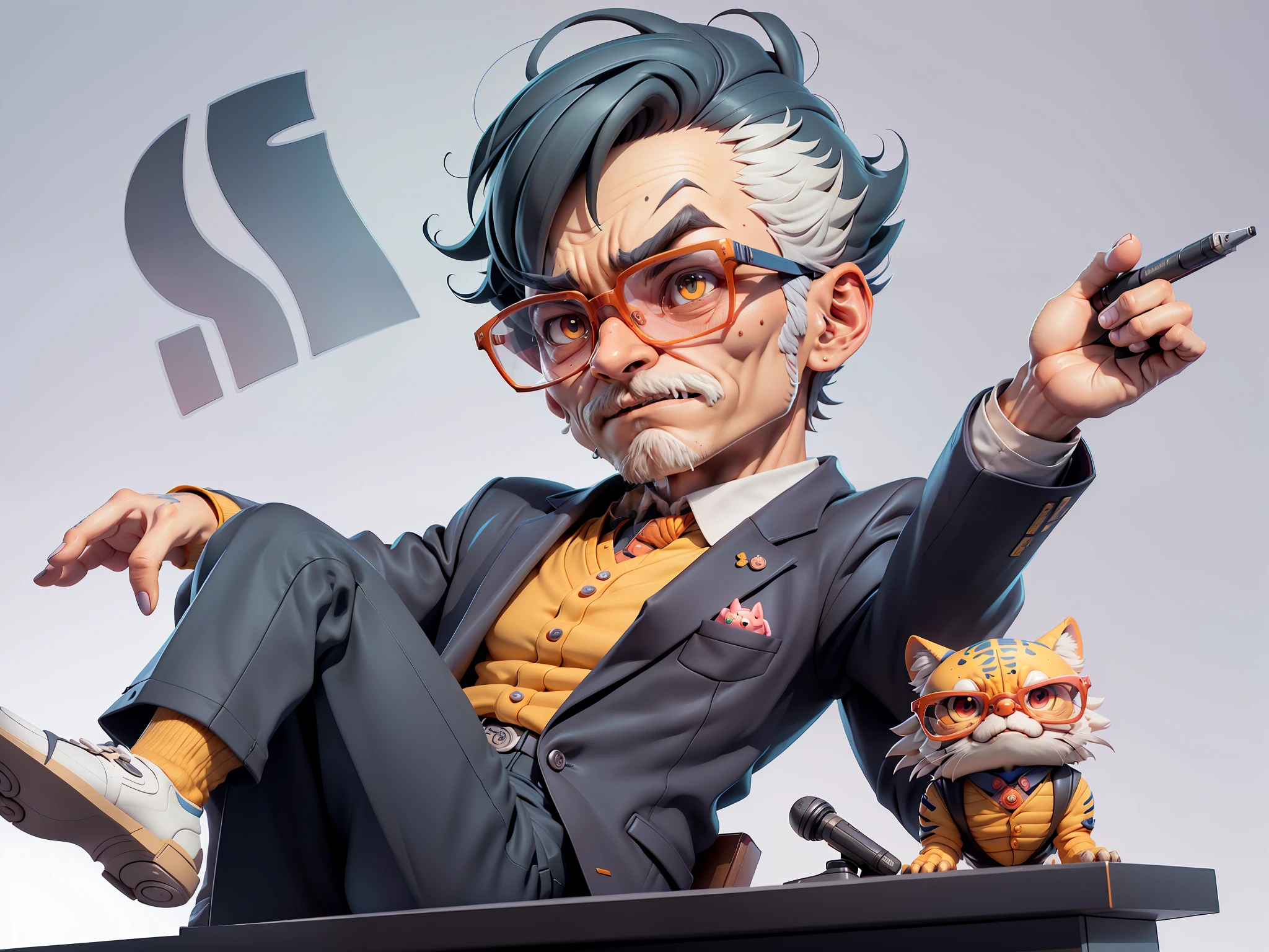 A young man in a suit, Short hair and glasses sat at his desk,holding laptop,digitial painting,tigre,3D character design by Mark Clairen and Pixar and Hayao Miyazaki and Akira Toriyama,4K HD illustration,Very detailed facial features and cartoon-style visuals。