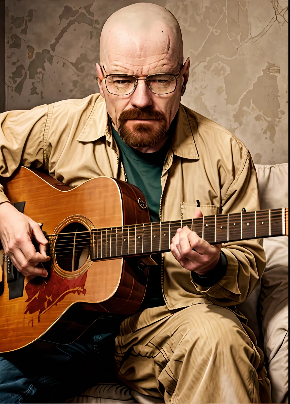 Create a realistic UHD image of Walter White with guitar