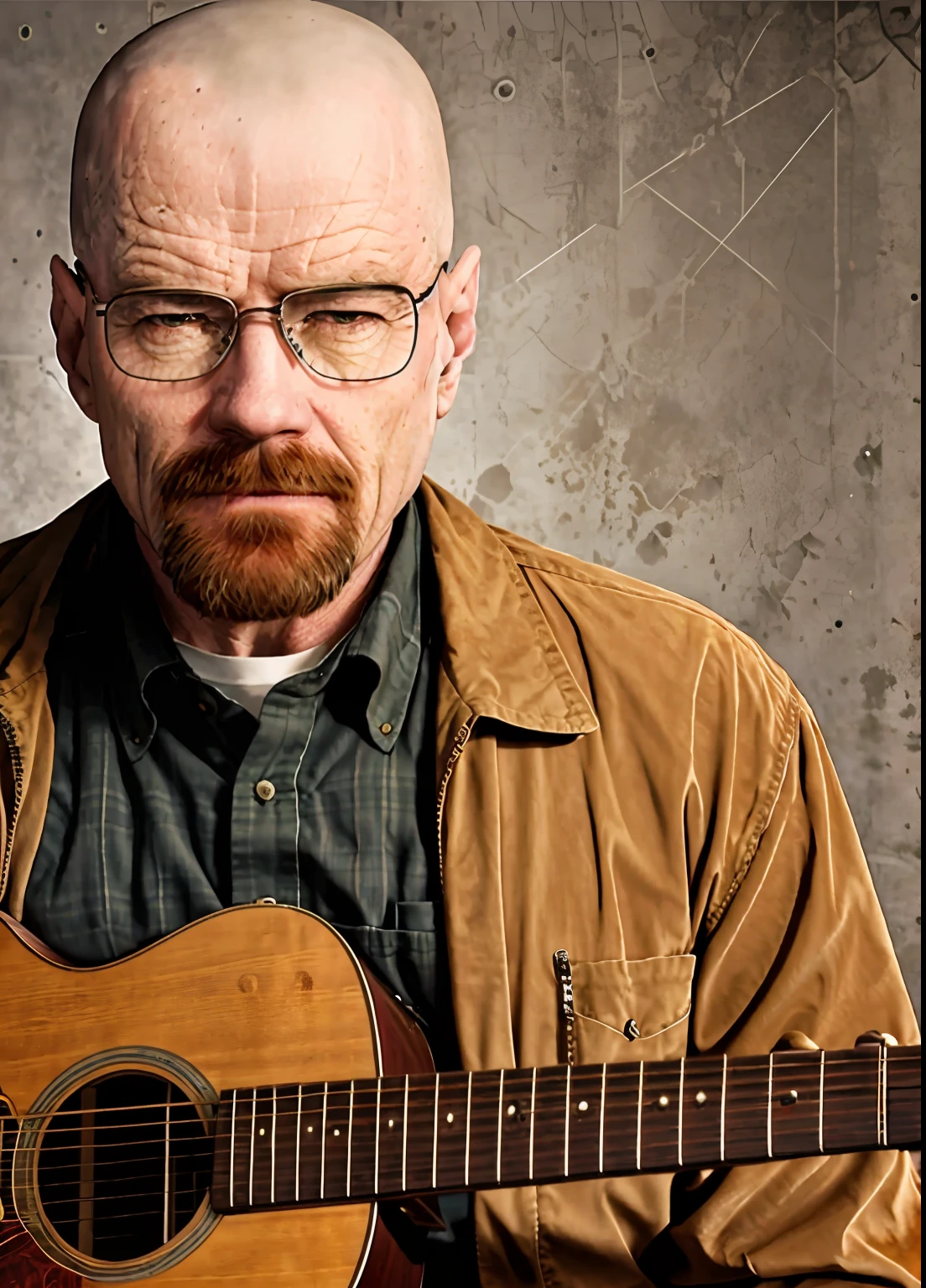 Create a realistic UHD image of Walter White with guitar