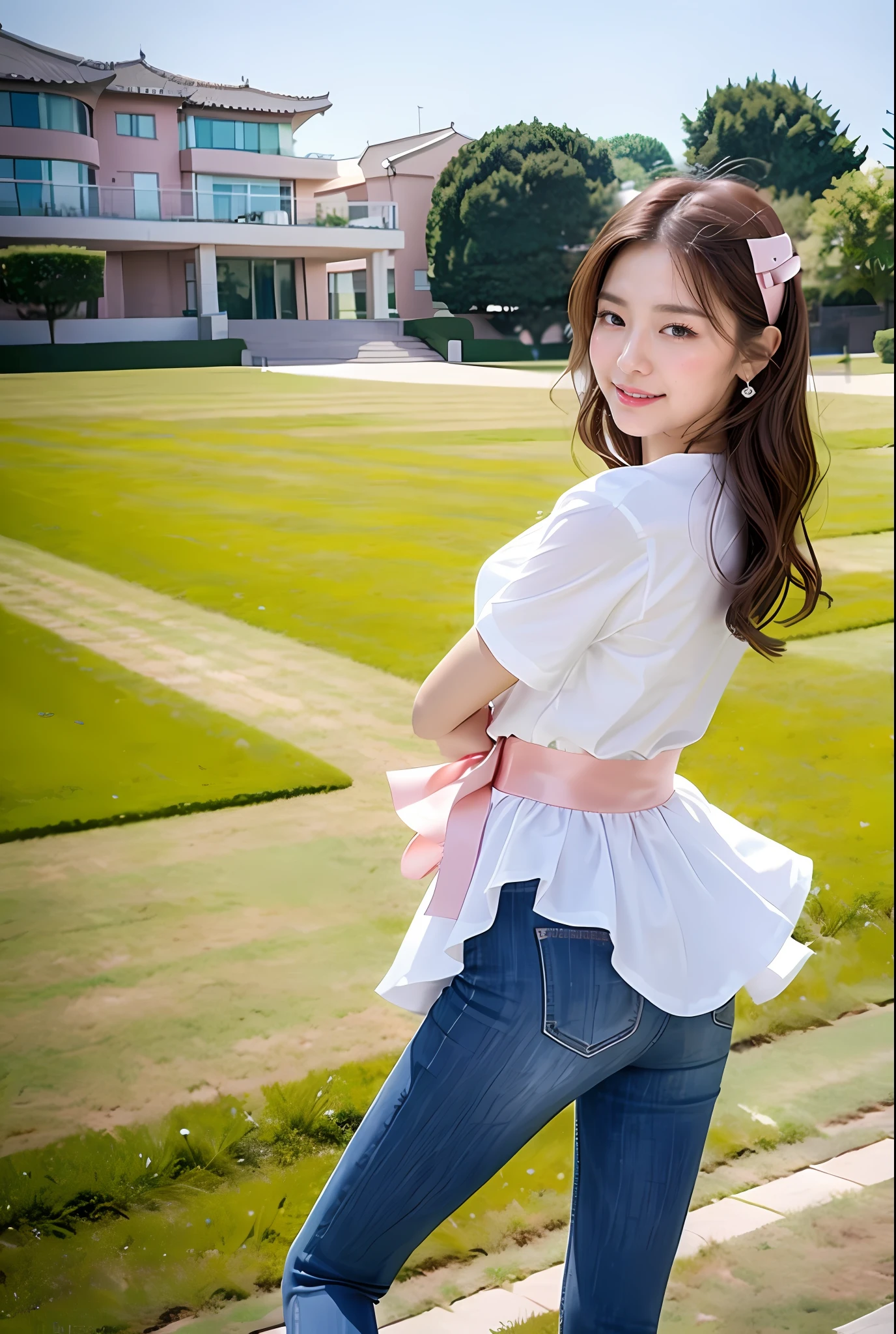 (RAW photogr,超高分辨率,tmasterpiece,best qualtiy:1.4),Complicated details,2 20 year old Korean girl,Wear a stylish t-shirt and stylish micro-flared jeans,Stand on the grass and take pictures,hugs,Intimate relationships,detailed outfits,Detailed meadow,A sweet and healing smile appeared on the little face,The face and skin are pink and fair,Ultra-realistic facial details,Beautiful ribbon hair accessories,Playful and coquettish pose,The calves are straight and slender:1.5,Wear high-end branded colorful travel shoes:1.5,eventide,warm color,Broad lighting,naturalshadow,taken from behind,Beautiful waist and hips,taking a full body photo:1.8