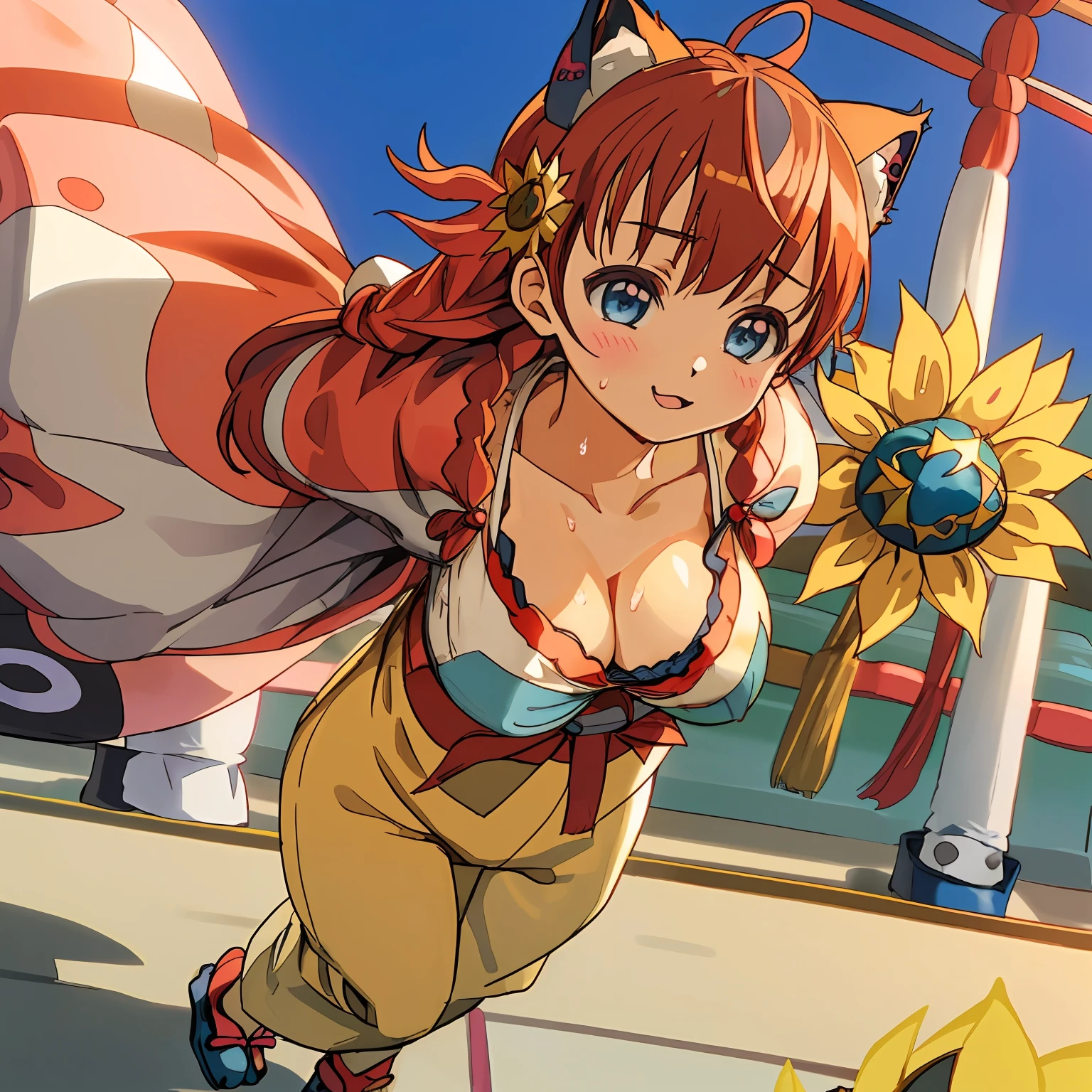 (Highly detailed CG Unity 8k wallpaper), (Best Quality), (Super Detail), (Best Illustration), (Best Shadow), POV, Realistic lighting and shading, Natural light, Lens flare effect, BREAK, 1 beautiful girl, Solo,(Cute:1.5),(Chibi:0.8), (kawaii:1.5),(Lori:0.5), BREAK, ( ( girl), Very detailed, colourfull, highest details, BREAK, (Huge breasts: 1. 2,), Clear skin, Beautiful skin, Shy skin, 1 beautiful girl, Brown hair wet with sweat, (Cat ears, Braids,medium-Long hair: 1. 2), (Light blue eyes, long eyelashes, Double eyelids: 1. 2), Solo, gleaming skin, BREAK,(Yukata with cute sunflower pattern,Dark blue obi kimono:1.2), (White ruffled bra shows off:1.2), (star-shaped earring:1.1), (Hair ornament in the shape of the moon:1.0), (Red clogs:1.3), (Arms spread with high tension:1.1), (is standing,,Slouched:1.3), Taking off your t-shirt, (Angle from above,Emphasizes cleavage:1.1), BREAK, (omatsuri:1.2),(nightclubs,Bon dance,natta,skyrocket:1.5),