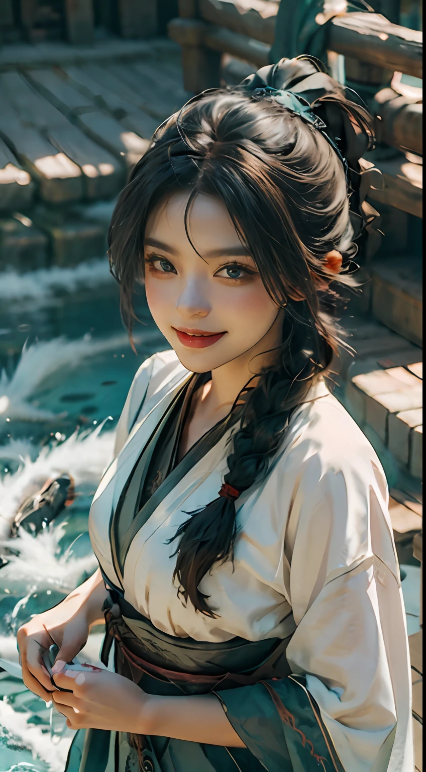 braidedponytail, Dragon horns, aqua eyes, Light smile, Tonalism, Motion blur, From above, 35mm, Sony FE GM, 16k