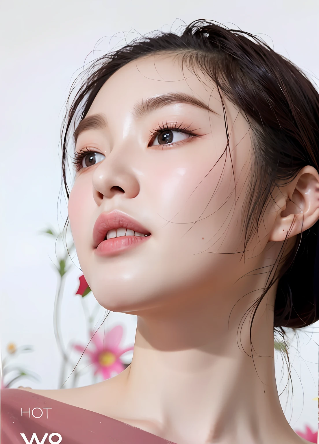A woman with pink shirt and flower background, Popular Korean makeup, Popular Korean makeup, glowing porcelain skin, Dewy skin, woman with porcelain skin, beautiful aesthetic face, Asian face, Korean face features, Glossy glossy skin, with round face, diffused natural skin glow, soft round face, blackpink jennie, lulu chen, porcelain highlighted skin