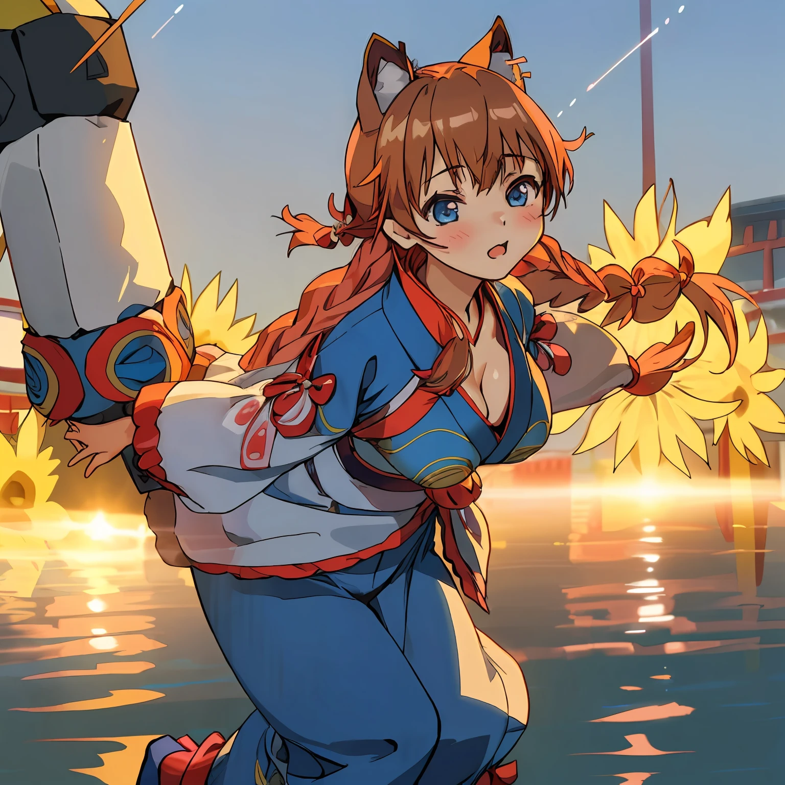 (Highly detailed CG Unity 8k wallpaper), (Best Quality), (Super Detail), (Best Illustration), (Best Shadow), POV, Realistic lighting and shading, Natural light, Lens flare effect, BREAK, 1 beautiful girl, Solo,(Cute:1.5),(Chibi:0.8), (kawaii:1.5),(Lori:0.5), BREAK, ( ( girl), Very detailed, colourfull, highest details, BREAK, (Huge breasts: 1. 2,), Clear skin, Beautiful skin, Shy skin, 1 beautiful girl, Brown hair wet with sweat, (Cat ears, Braids,medium-Long hair: 1. 2), (Light blue eyes, long eyelashes, Double eyelids: 1. 2), Solo, gleaming skin, BREAK,(Yukata with cute sunflower pattern,Dark blue obi kimono:1.2), (White ruffled bra shows off:1.2), (star-shaped earring:1.1), (Hair ornament in the shape of the moon:1.0), (Red clogs:1.3), (Arms spread with high tension:1.1), (is standing,,Slouched:1.3), Taking off your t-shirt, (Angle from above,Emphasizes cleavage:1.1), BREAK, (omatsuri:1.2),(nightclubs,Bon dance,natta,skyrocket:1.5),