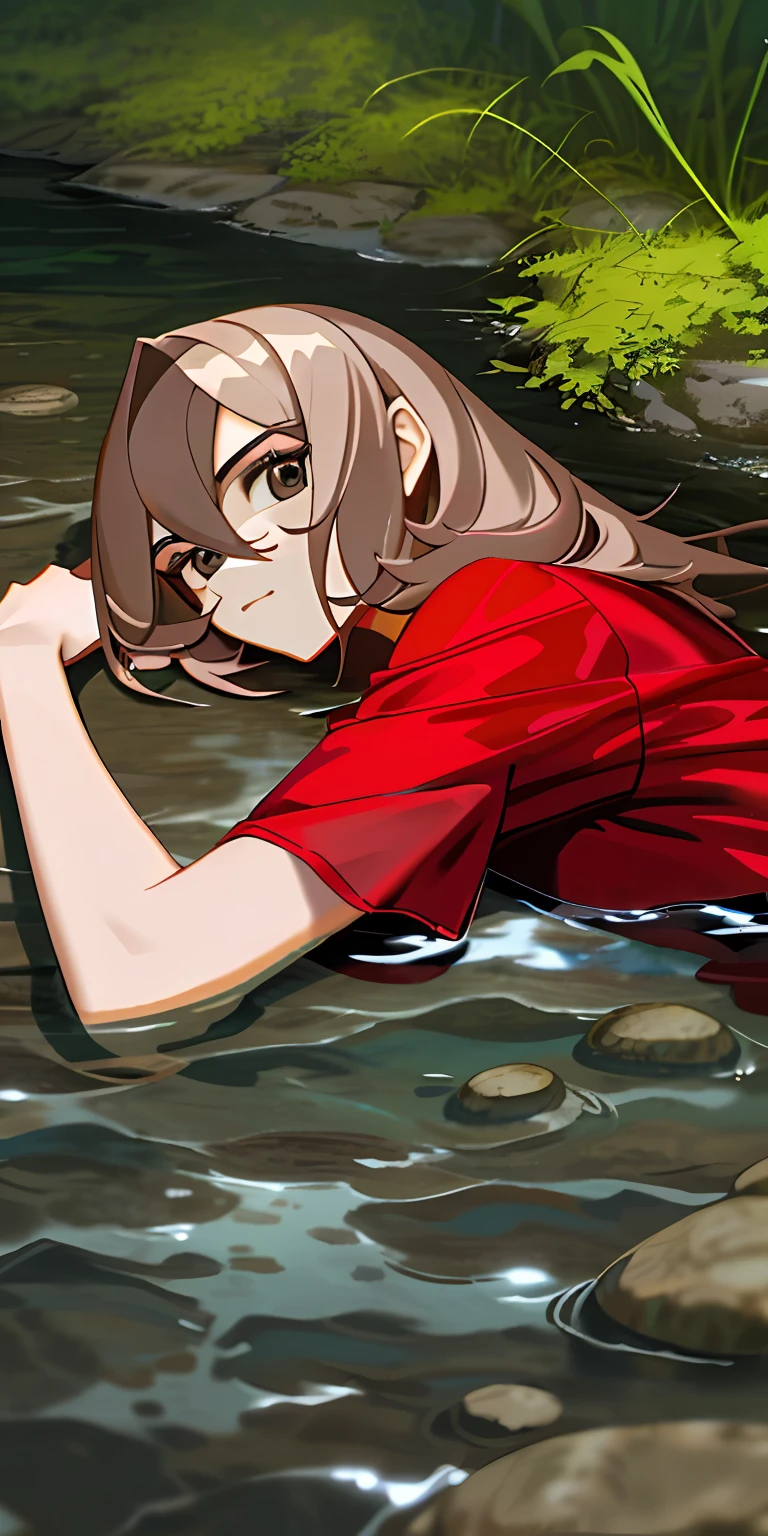 （tmasterpiece，best qualtiy），1个Giant Breast Girl，cabelos preto e longos，Wearing a red shirt，Lying on the edge of the creek，The lower body is soaked in water，The upper body lies on the shore