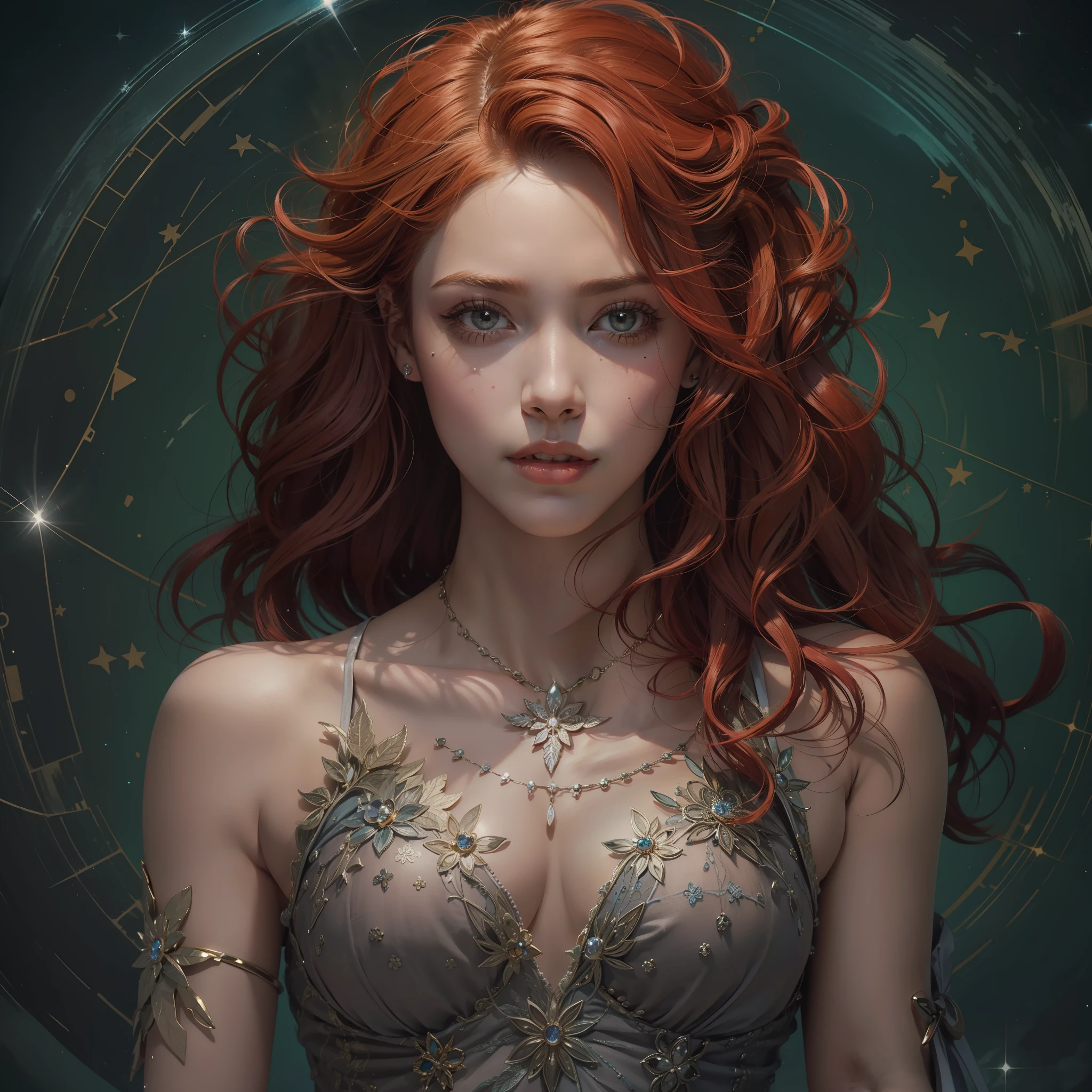 "(((obra-prima))), melhor qualidade, ultra-detallhado, High resolution CG image with a beautiful woman with red hair with bright violet eyes like detailed constellations, retratados em detalhes fascinantes. face delicada cheia de sardas, His delicate body is accurately represented at every angle. Ela possui longos cabelos ruivos que caem suavemente sobre seu vestido da era vitoriana. The upper part of his body is sculpted to perfection. "