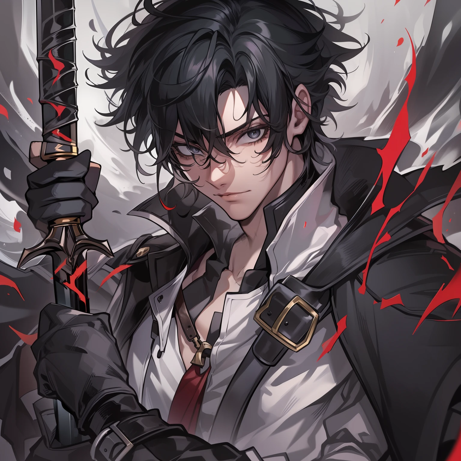 (male character:1.2), (black coat, white undershirt), (black hair, scar on forehead:1.1), (black long sword at waist), (red long sword), (head of a family), (student, college age), (grey eyes), (swordsman), (black knee-high leather boots).