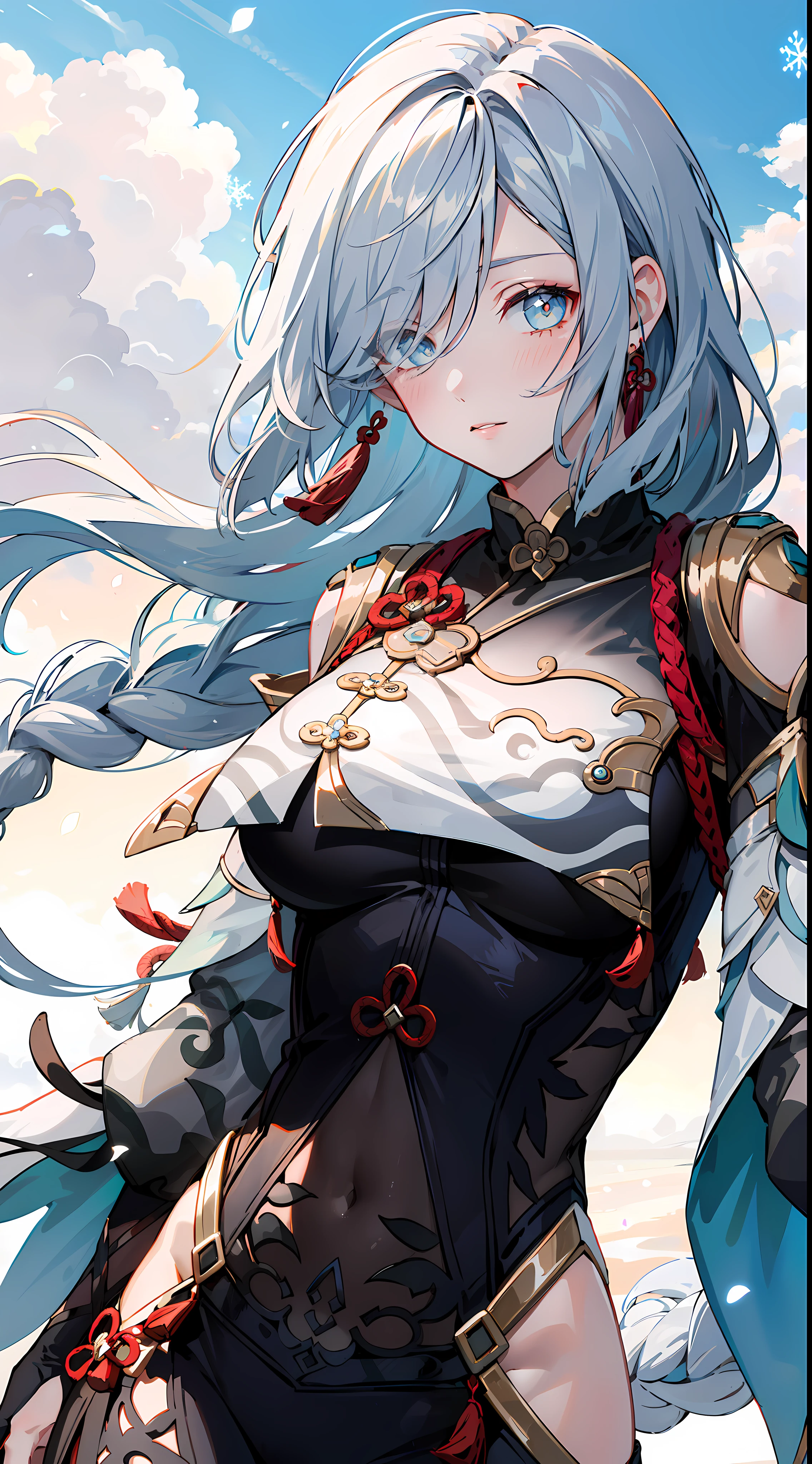 shenhedef, upper body, seductive look, blush, outdoors, snowflake scenery, looking at viewer, cloudy, moody lighting, (perfect detail eyes:1.2), glowing eyes, (long hair one braid:1.2), elemental skill effect, (Masterpiece, Best Quality, High Quality:1.4), professional artwork, Intricate Details, field of view, sharp focus, detailed painting, photorealistic lighting, trending on pixiv, (vivid lighting, vibrant colors:1.05), realistic shadows, ambient occlusion, (athletic body:1.3), mature woman, 30yo,