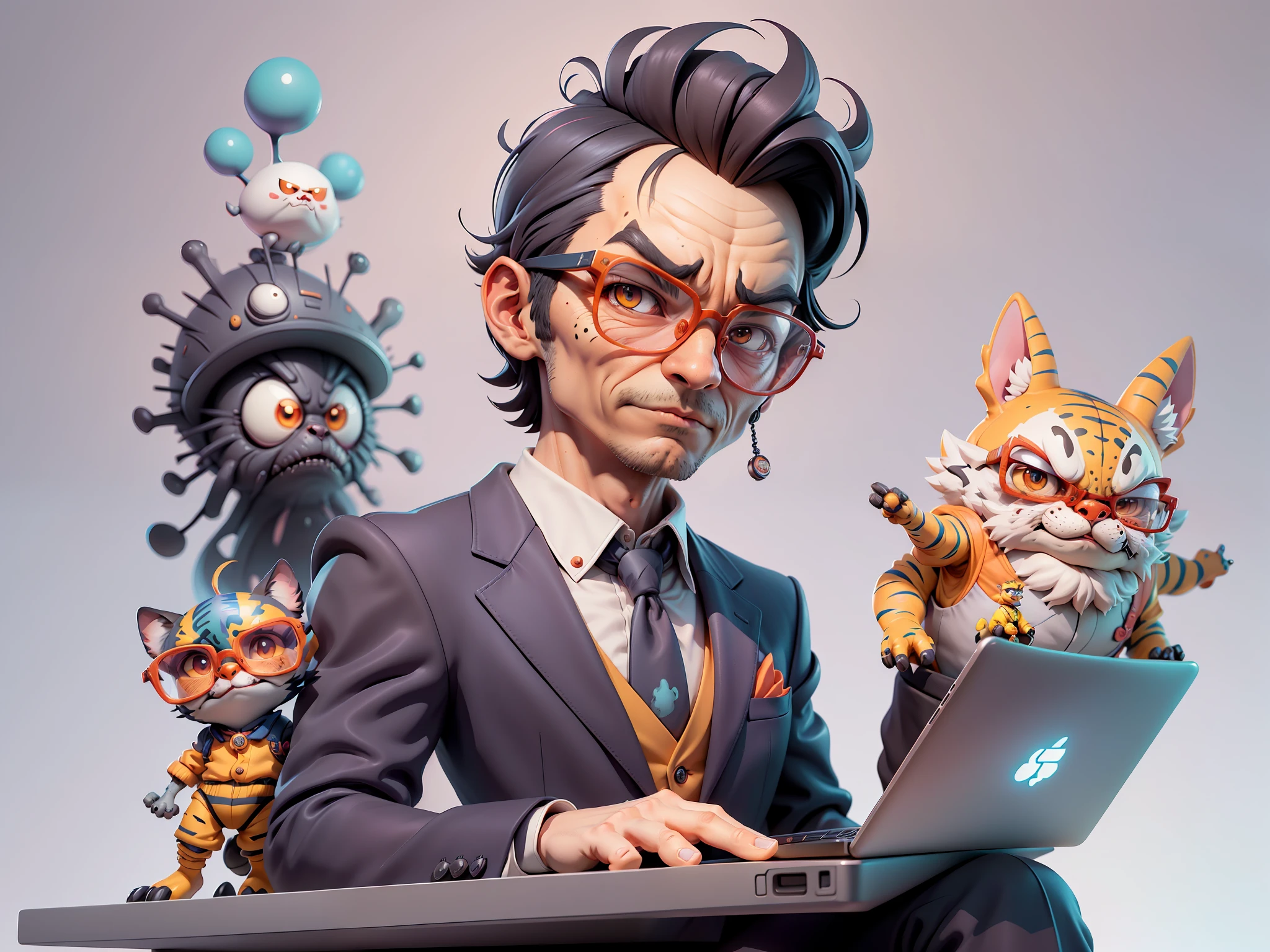 A young man in a suit, Short hair and glasses sat at his desk,holding laptop,digitial painting,tigre,3D character design by Mark Clairen and Pixar and Hayao Miyazaki and Akira Toriyama,4K HD illustration,Very detailed facial features and cartoon-style visuals。