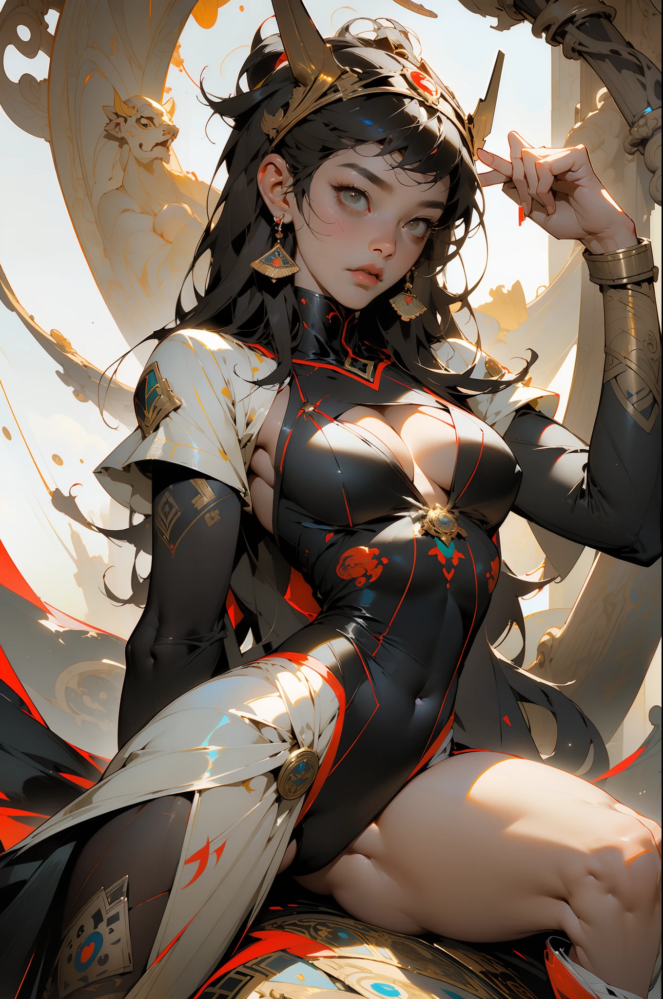 Anubis, ((Best quality)), ((masterpiece)), (detailed: 1.4), crysis nanosuit, square chin, Guweiz-style art, Guweiz, beautiful character painting, Guweiz in Artstation Pixiv, Guweiz in Pixiv ArtStation, beautiful digital art, Wlop Rossdraws, masterpiece Guweiz, (Absurd), ((head adornment that falls in two straps over the shoulders and has the part hanging over the nape of the neck tied in braid, called nemes)), Thin woman, Egyptian airplane pilot ready for war, perfect body, dark skin, Tutankhamun mask, (((Hemhem crown on head, Style of a triple Atef)))), ((((Khat))), (((defined muscles, half thick bare thighs, closed mouth, only in panties, muscular body covered by technological clothing, Neon Genesis Evangelion style, cyberpunk, ((Sphinx)), (Cleopatra), head covered by an Egyptian ornament in the shape of a golden eagle wing, ((perfect medium breasts)), (white eyes without pupils), ((black, silver and red clothing)), (((long black straight hair with heavy bangs on the forehead)))), (Egyptian ornaments), ((hieroglyphics on the arms)), short underwear, garter belt, by mucha, niji --V5, close to the real, psychopath, crazy face, sexy pose, background with a sphinx, 2 pieces clothing, pastel, centered, scale to fit the dimensions, HDR (High Dynamic Range),Ray Tracing,NVIDIA RTX,Super-Resolution,Unreal 5,Subsurface Dispersion, PBR Texture, Post-processing, Anisotropic filtering, Depth of field, Maximum clarity and sharpness, Multilayer textures, Albedo and specular maps, Surface shading, Accurate simulation of light-material interaction, Perfect proportions, Octane Render, Two-tone lighting, Wide aperture, Low ISO, White balance, Rule of thirds, 8K RAW