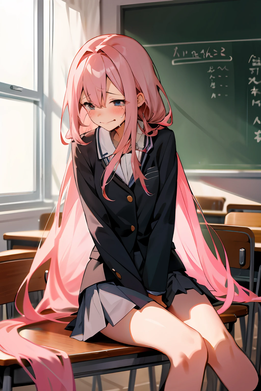 1 very long hair, girl in school uniform, miniskirt, pink hair, looking away, sitting and spreading crotch, embarrassed, blushing, crying, mouth closed, classroom