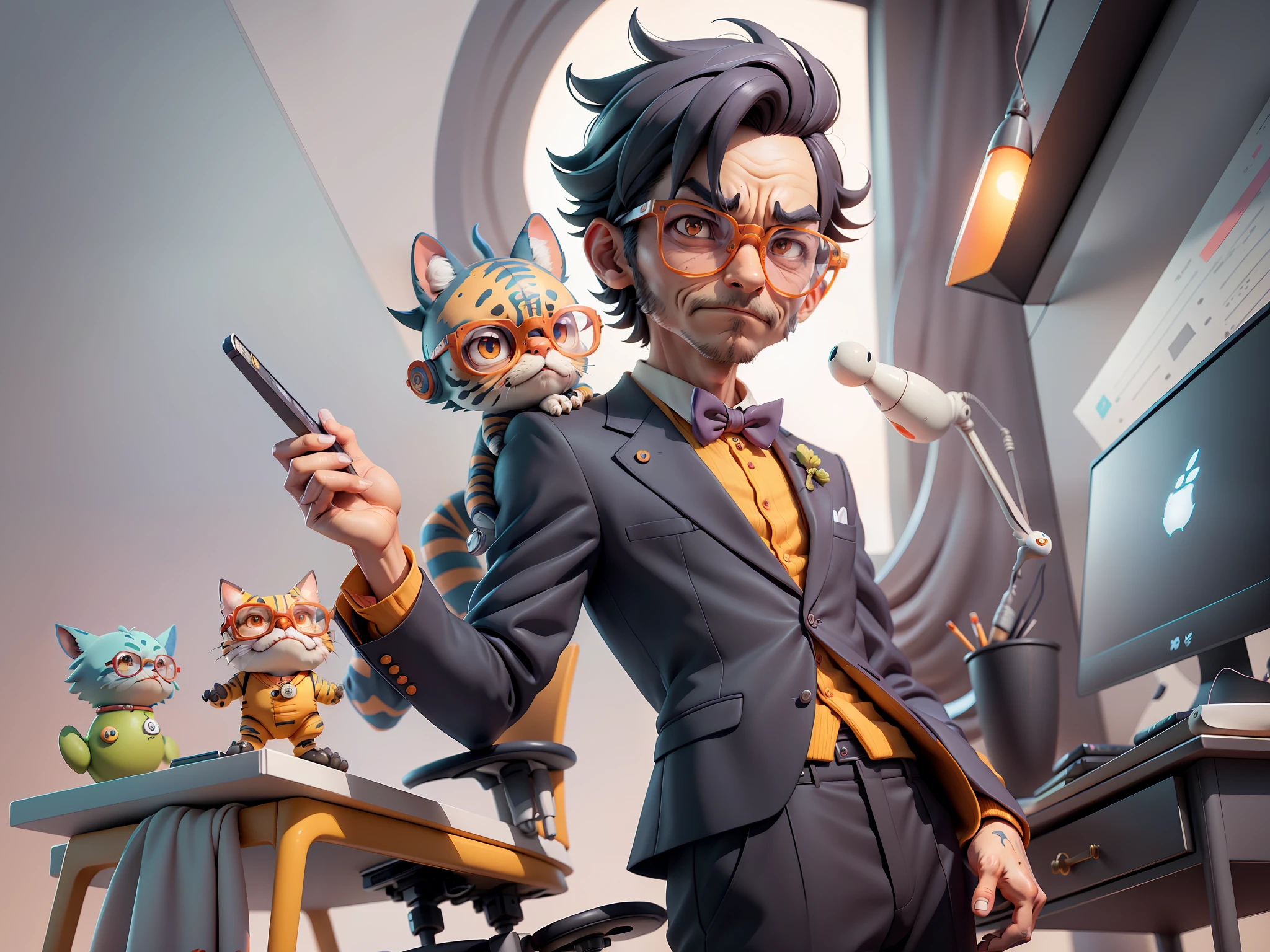 A young man in a suit, Short hair and glasses sat at his desk,holding laptop,digitial painting,tigre,3D character design by Mark Clairen and Pixar and Hayao Miyazaki and Akira Toriyama,4K HD illustration,Very detailed facial features and cartoon-style visuals。